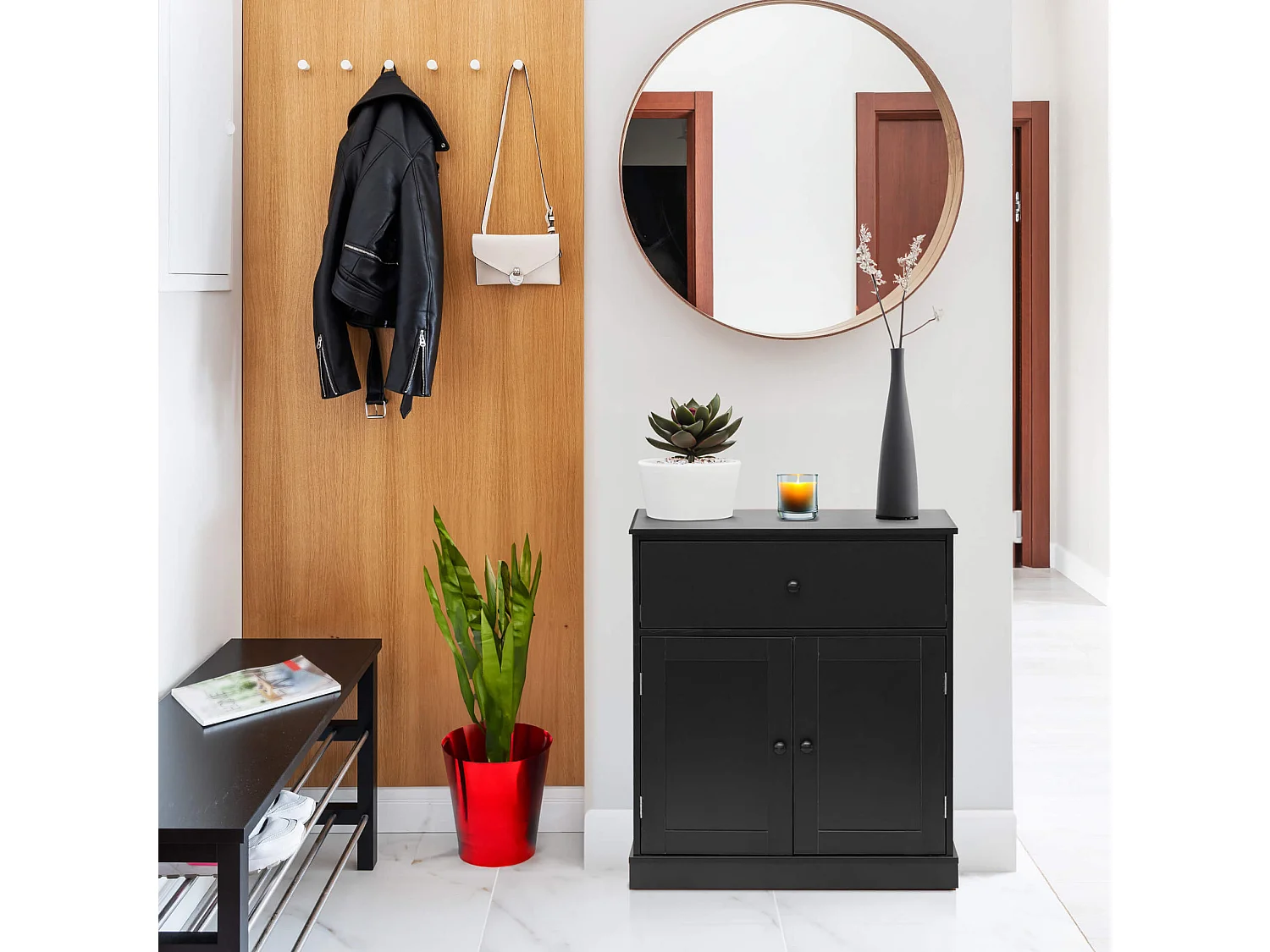 Meuble Bas Gain de Place avec Tiroir 2 Portes Noir Polyvalent