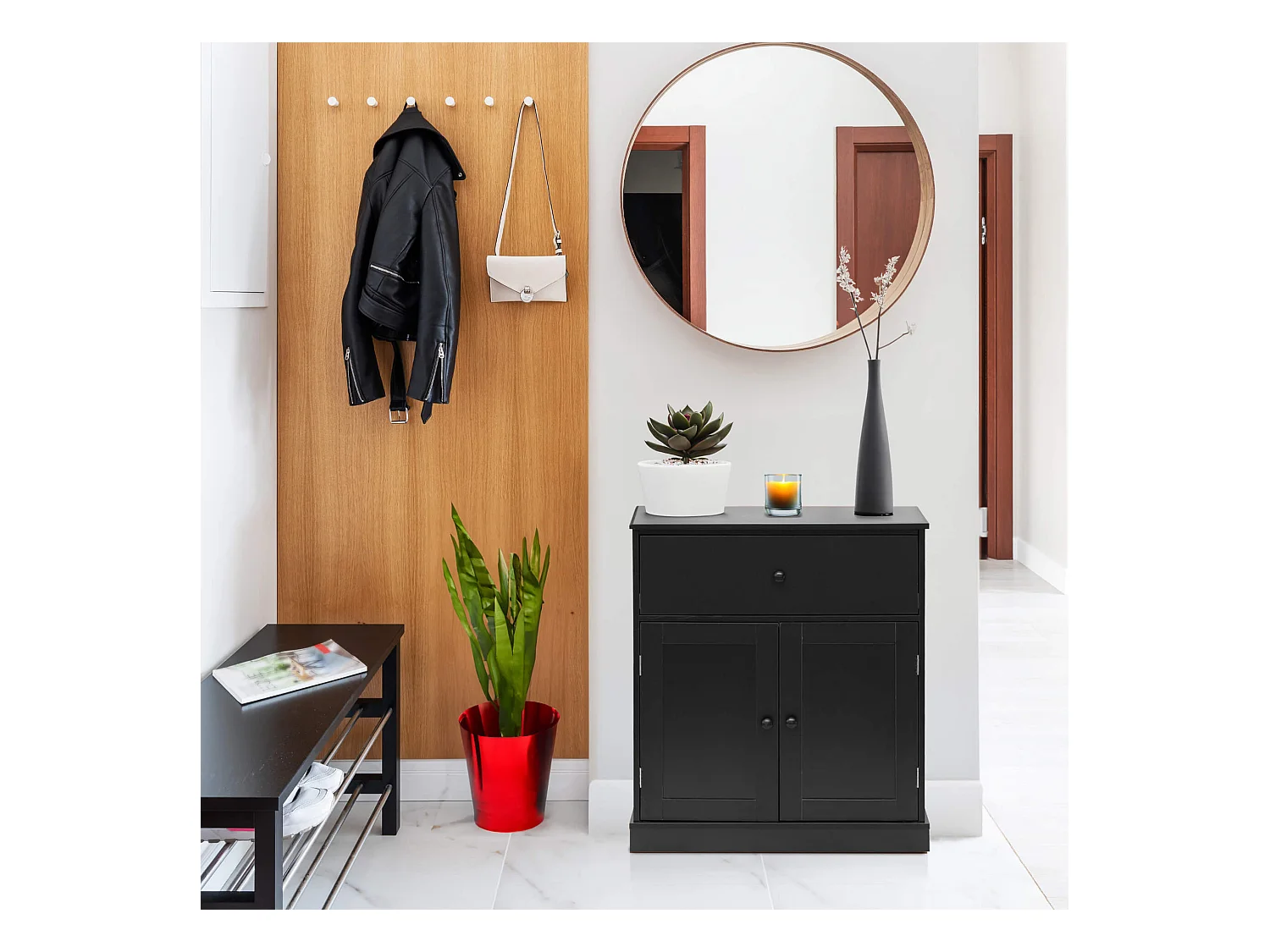 Meuble Bas Gain de Place avec Tiroir 2 Portes Noir Polyvalent