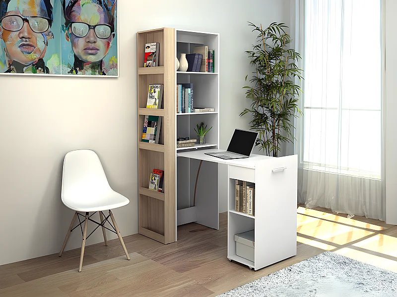 Bureau bibliothèque modulable - 10 niches - Coloris : Naturel et blanc - TUPELIO