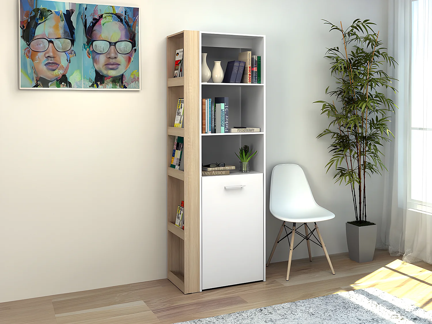 Mueble biblioteca modular - 10 estantes - Color: natural y blanco - TUPELIO