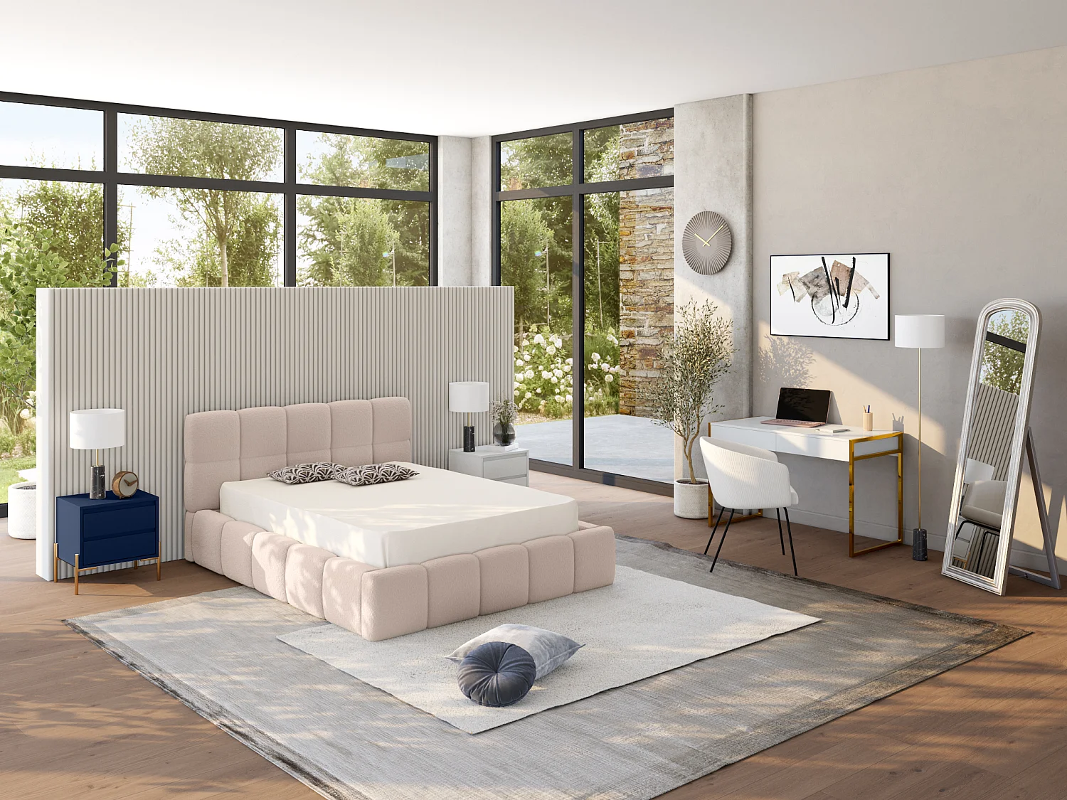 Lot de 2 tables de chevet avec 2 tiroirs - MDF et métal - Bleu laqué et doré - KORASA de Pascal Morabito