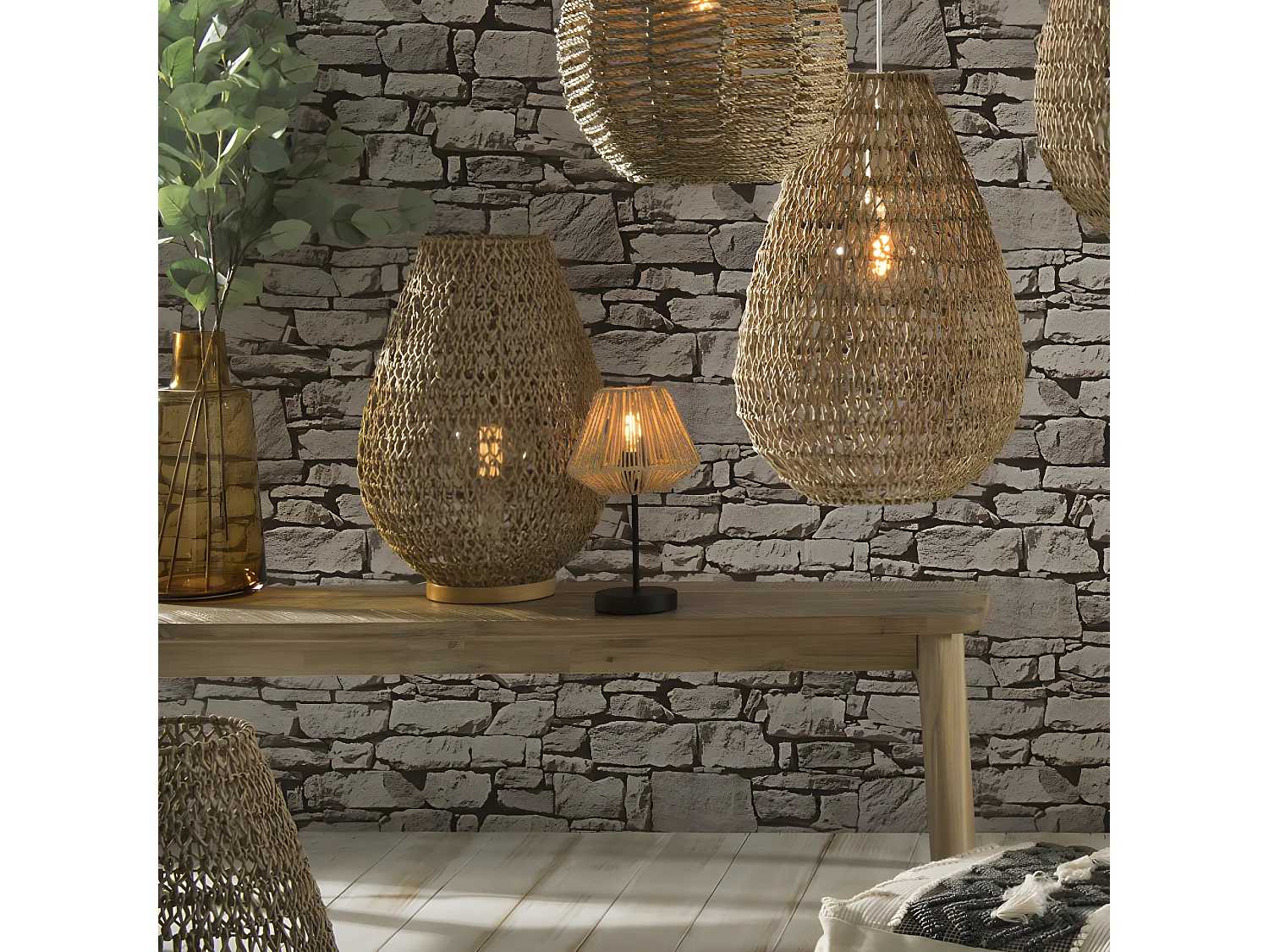 Lampe à poser, lampadaire droit coloris beige et métal coloris noir - D. 19,5  x H. 34 cm