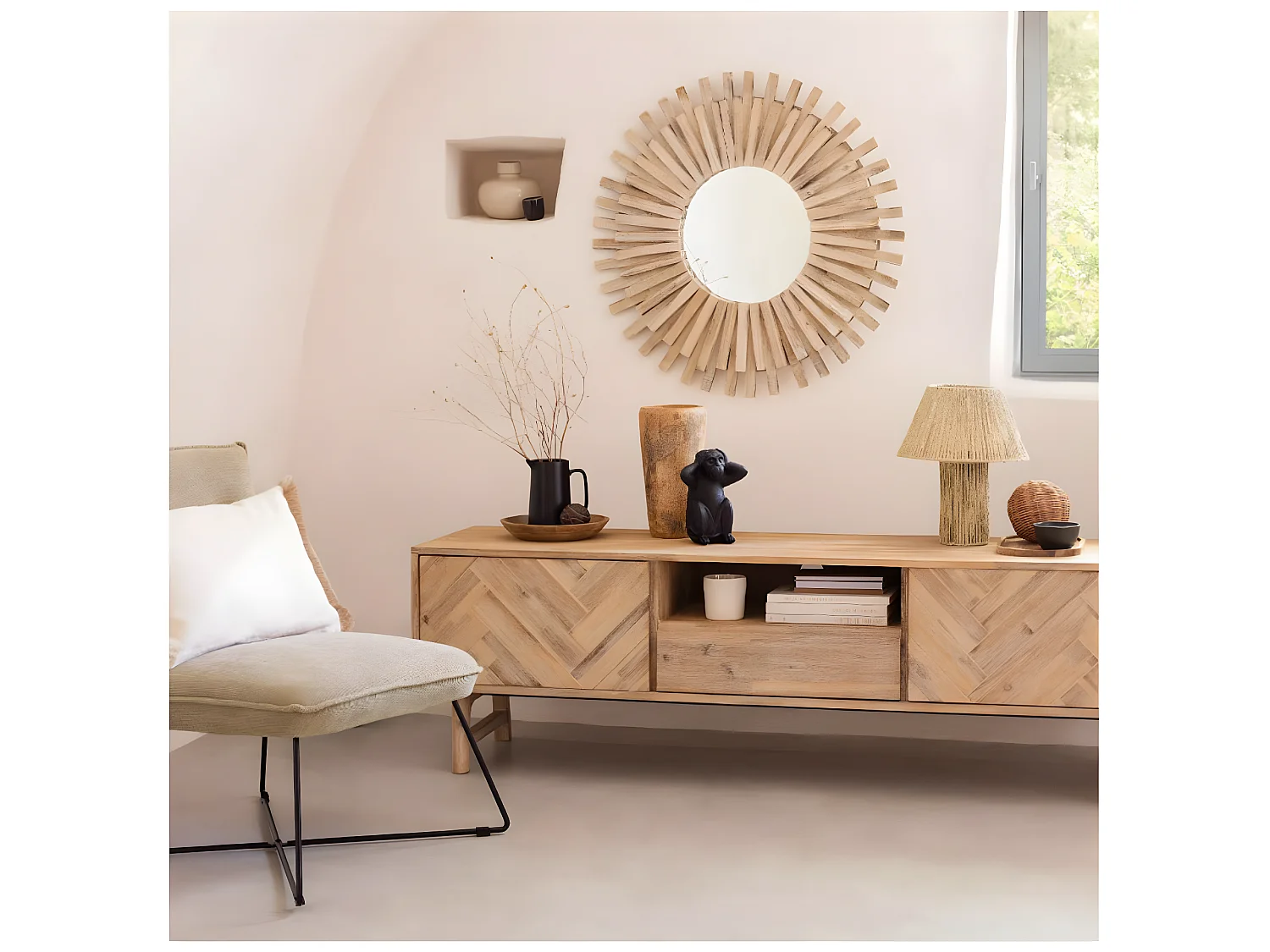 Lampe à poser, lampadaire droit coloris beige et métal coloris noir  - D. 32  x H. 38  cm