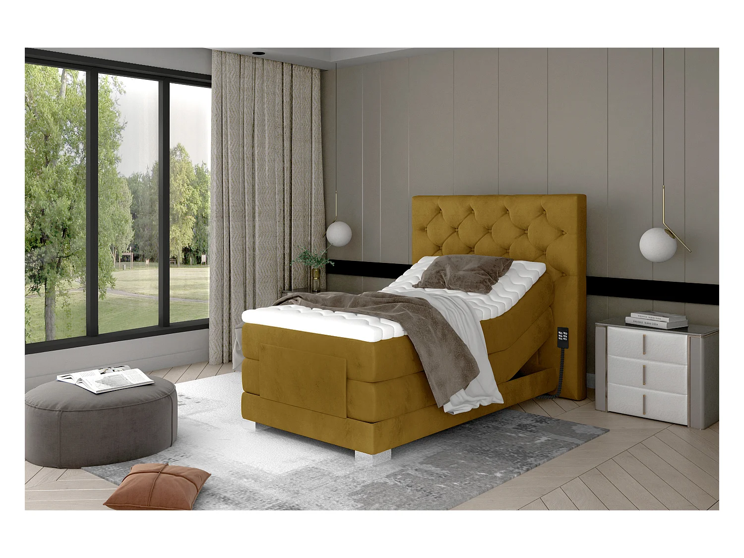 Box Spring Lit Chestic ESS (90x200)/Tissu-Jaune
