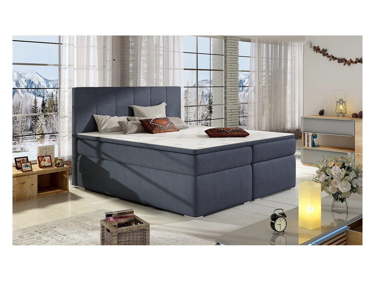 Box Spring Lit Sabine L (180x200)/Tissu-Bleu