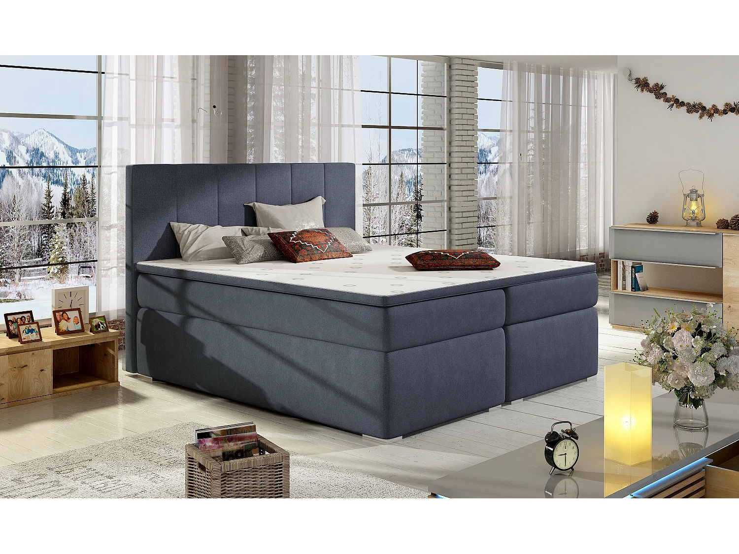 Box Spring Lit Sabine L (180x200)/Tissu-Bleu