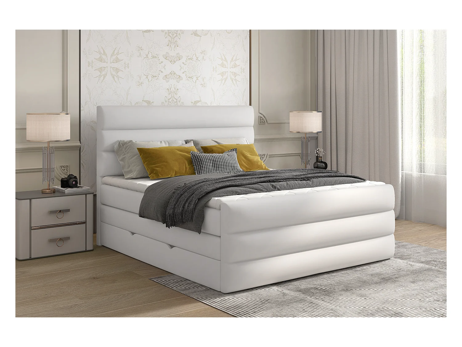 Box Spring Lit Nizze M (160x200)/Tissu-Blanc