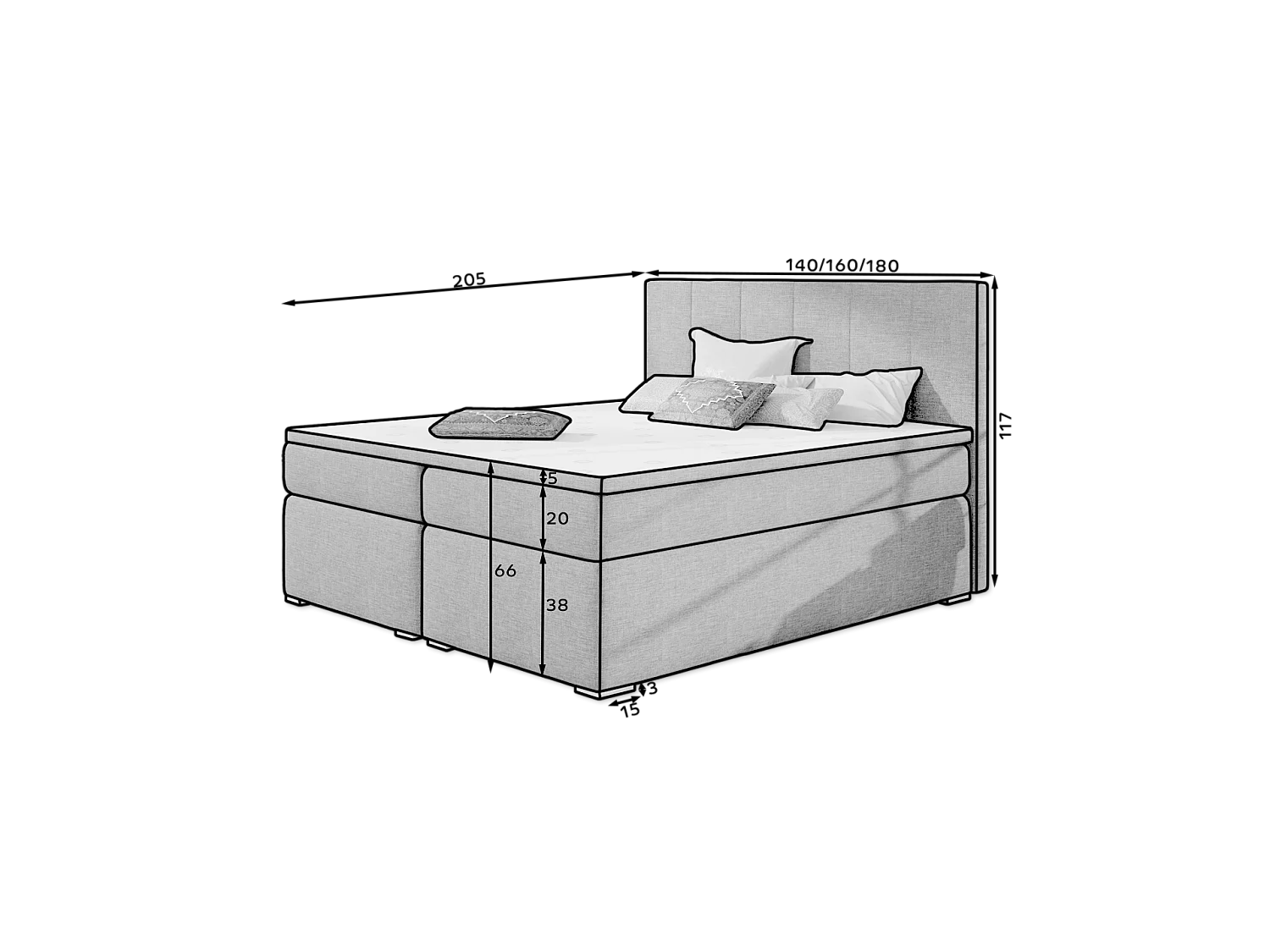 Box Spring Letto Sabine S (140x200)/Tessuto-Nero