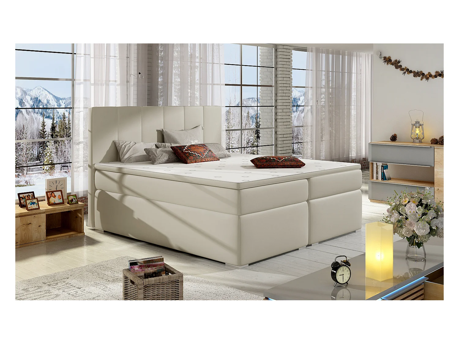 Box Spring Lit Sabine S (140x200)/Tissu-Beige