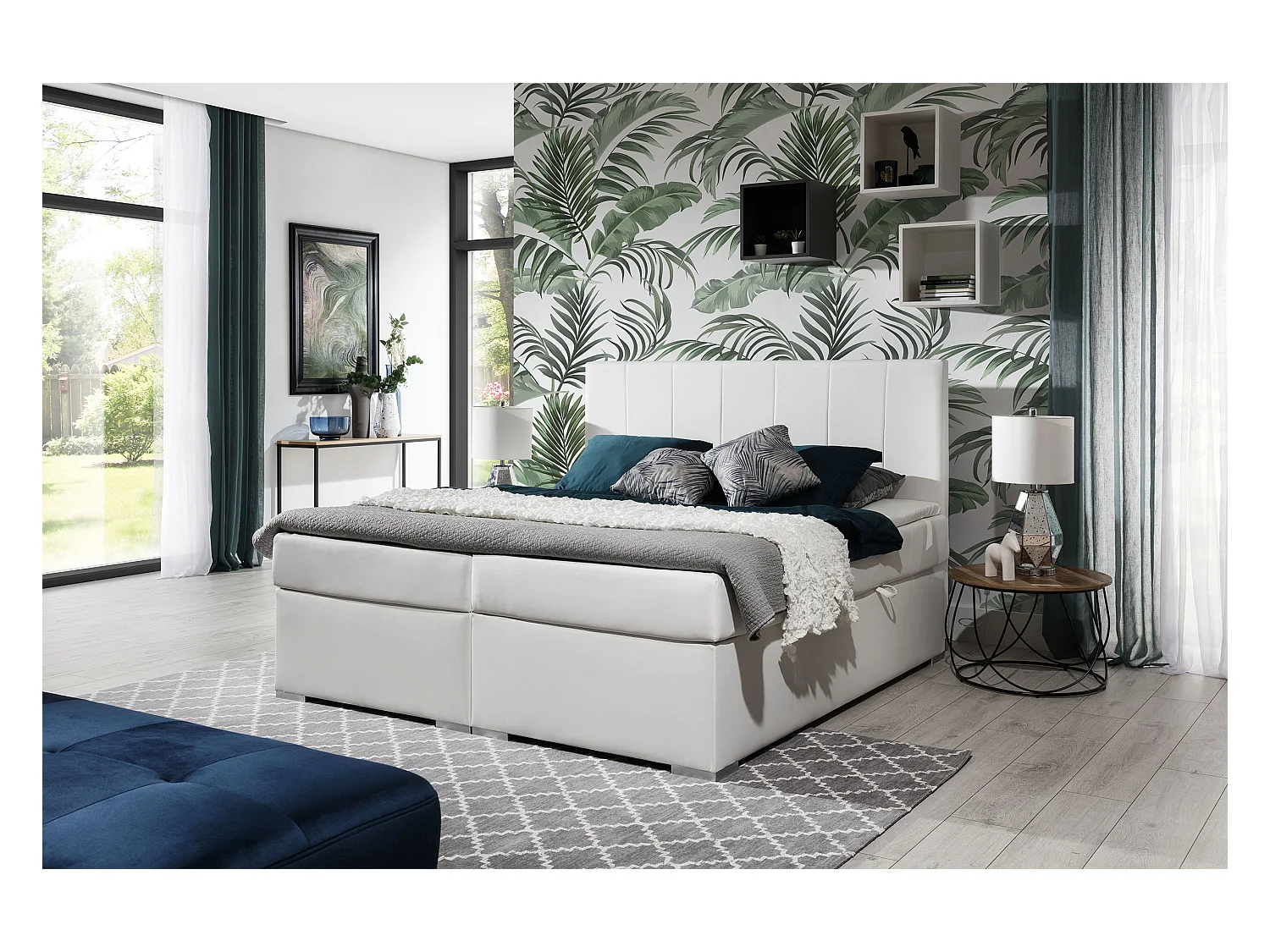 Box Spring Lit Sabine S (140x200)/Tissu-Blanc