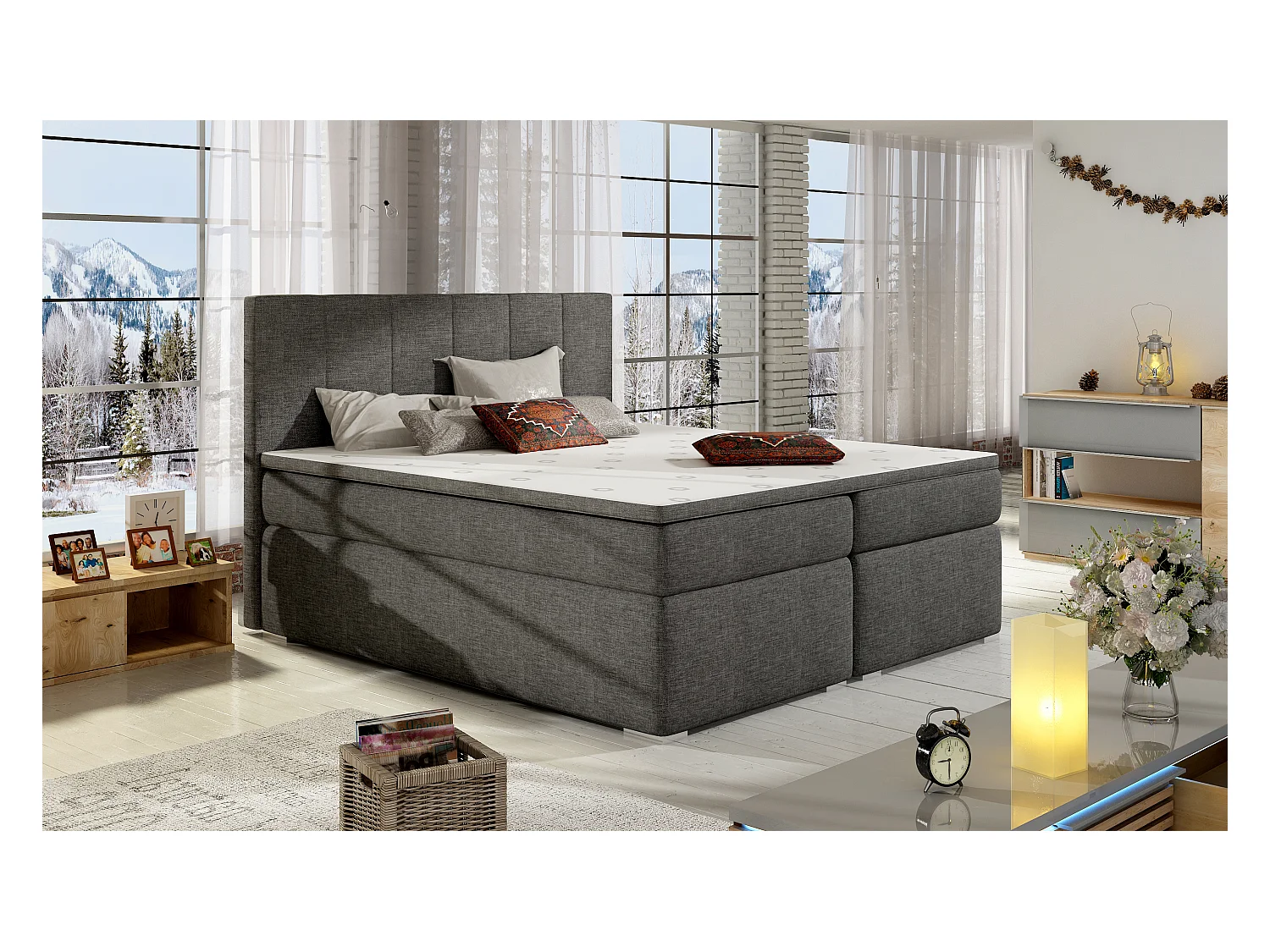 Box Spring Lit Sabine S (140x200)/Tissu-Gris