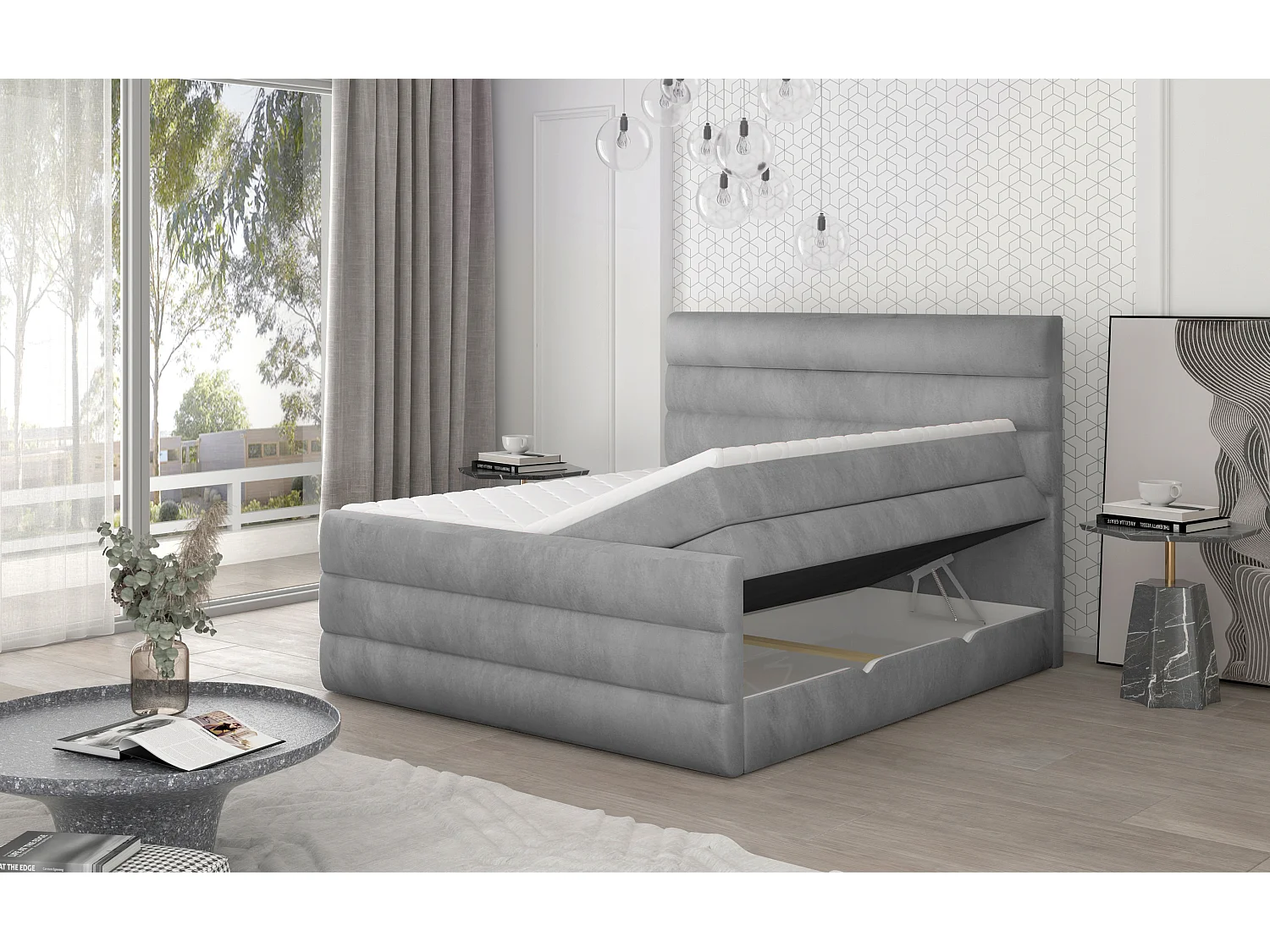 Box Spring Lit Nizze L (180x200)/Tissu-Gris