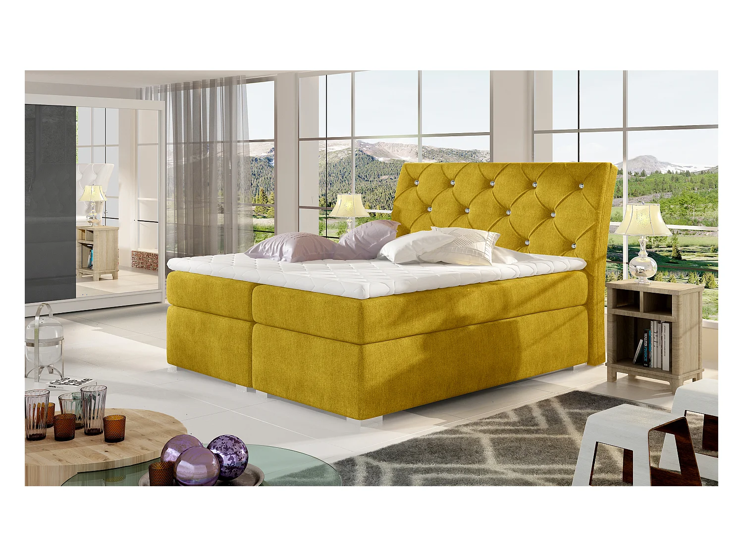 Boxspringbett Frederic L (180x200)/Stoff-Gelb
