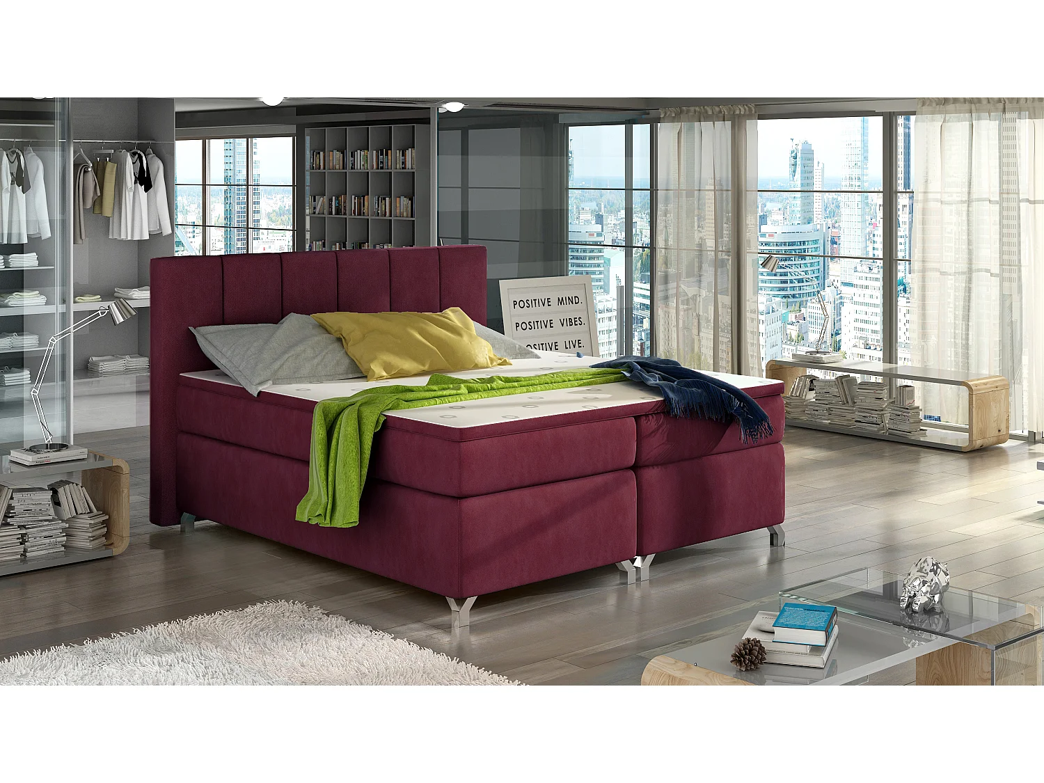Box Spring Letto Lighton S (140x200)/Tessuto-Bordeux