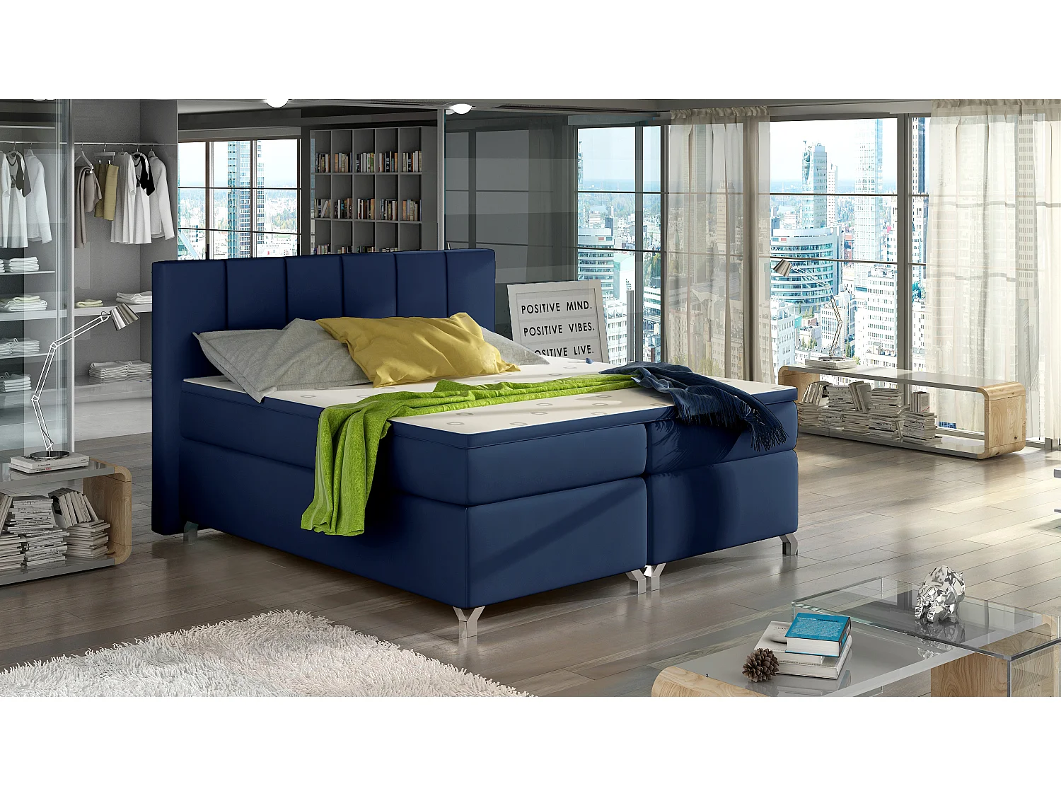 Boxspringbett Lighton M (160x200)/Stoff-Blau