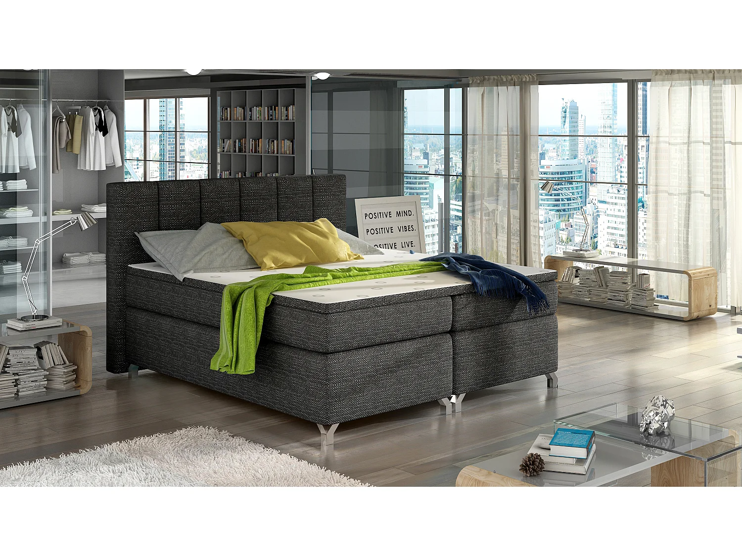 Boxspringbett Lighton M (160x200)/Stoff-Grau