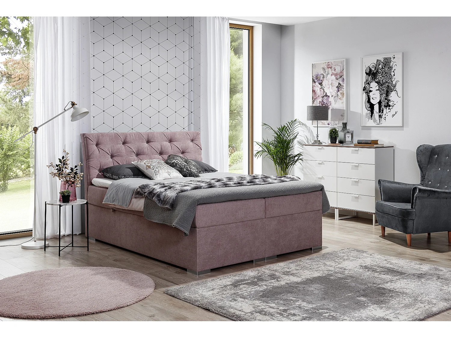 Box Spring Letto Frederic L (180x200)/Tessuto-Rosa