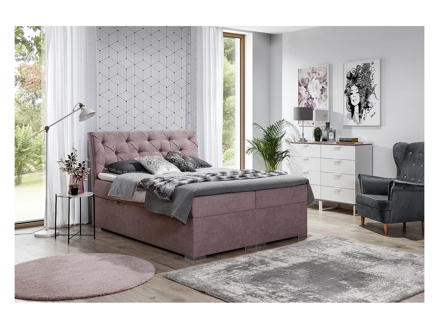 Boxspringbett Frederic L (180x200)/Stoff-Rose