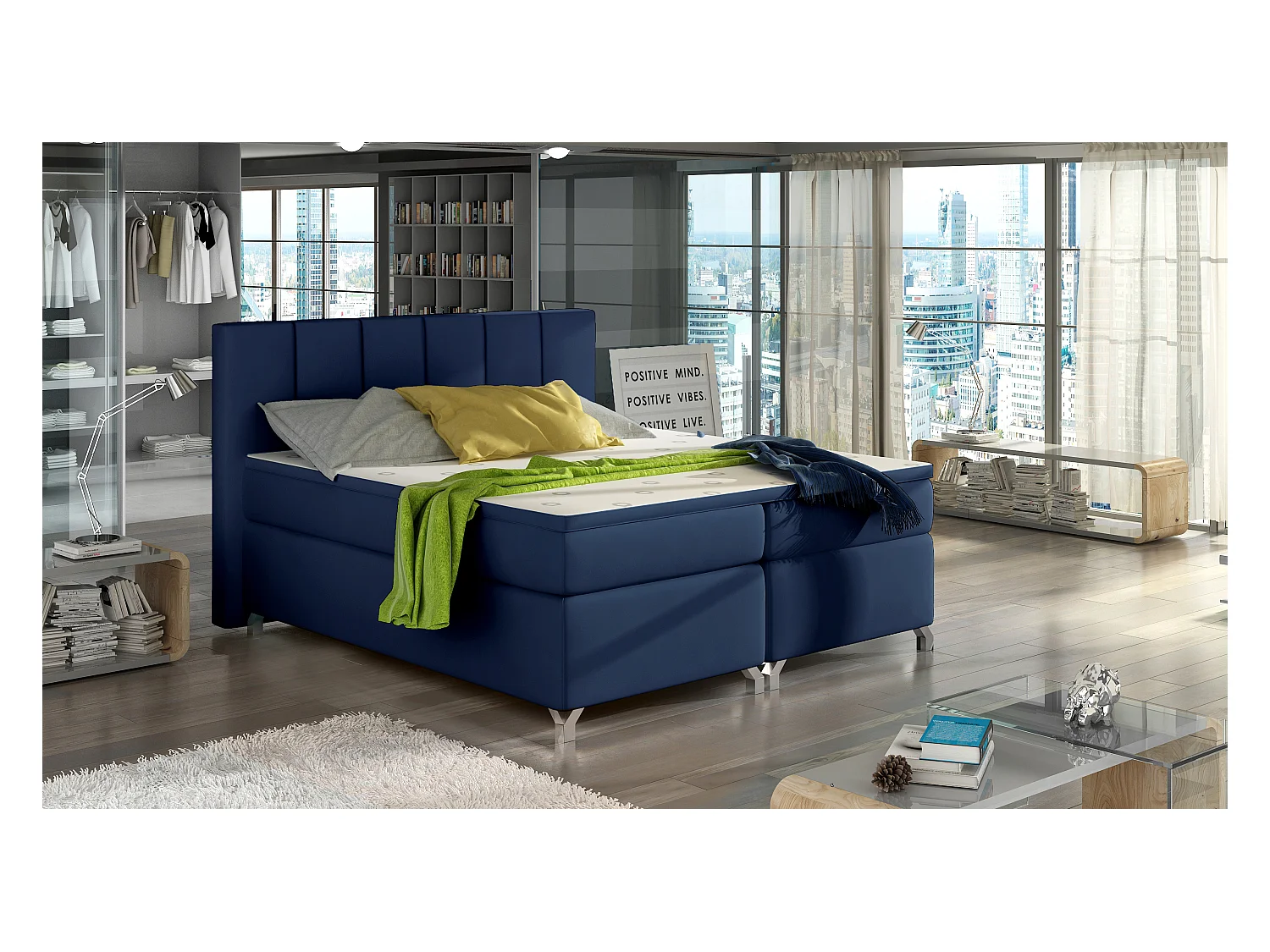Box Spring Lit Lighton L (180x200)/Tissu-Bleu