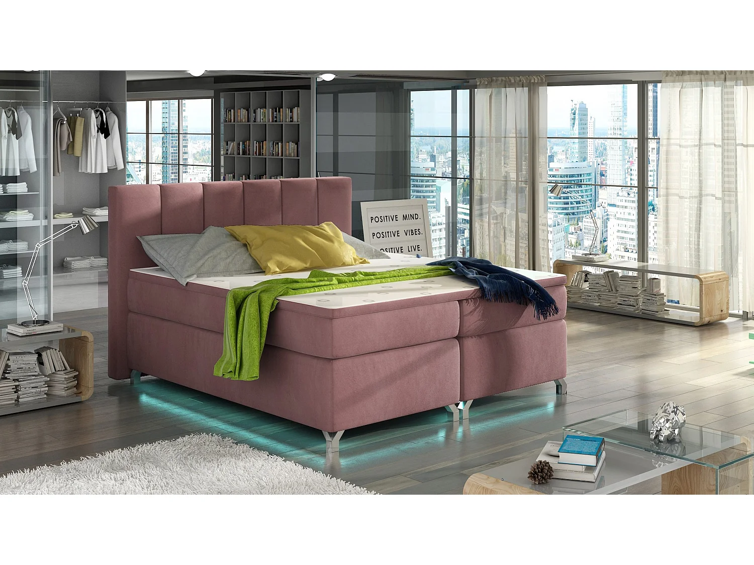 Boxspringbett Lighton M (160x200)/Stoff-Rose