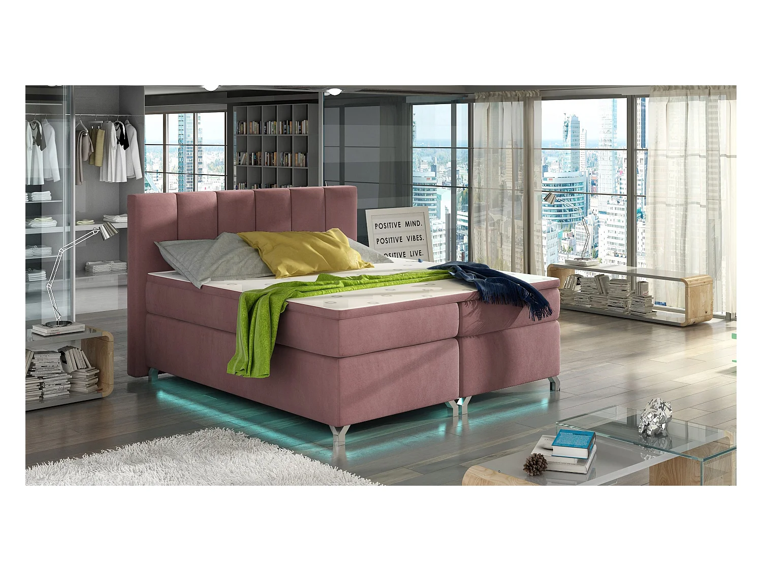 Box Spring Letto Lighton M (160x200)/Tessuto-Rosa