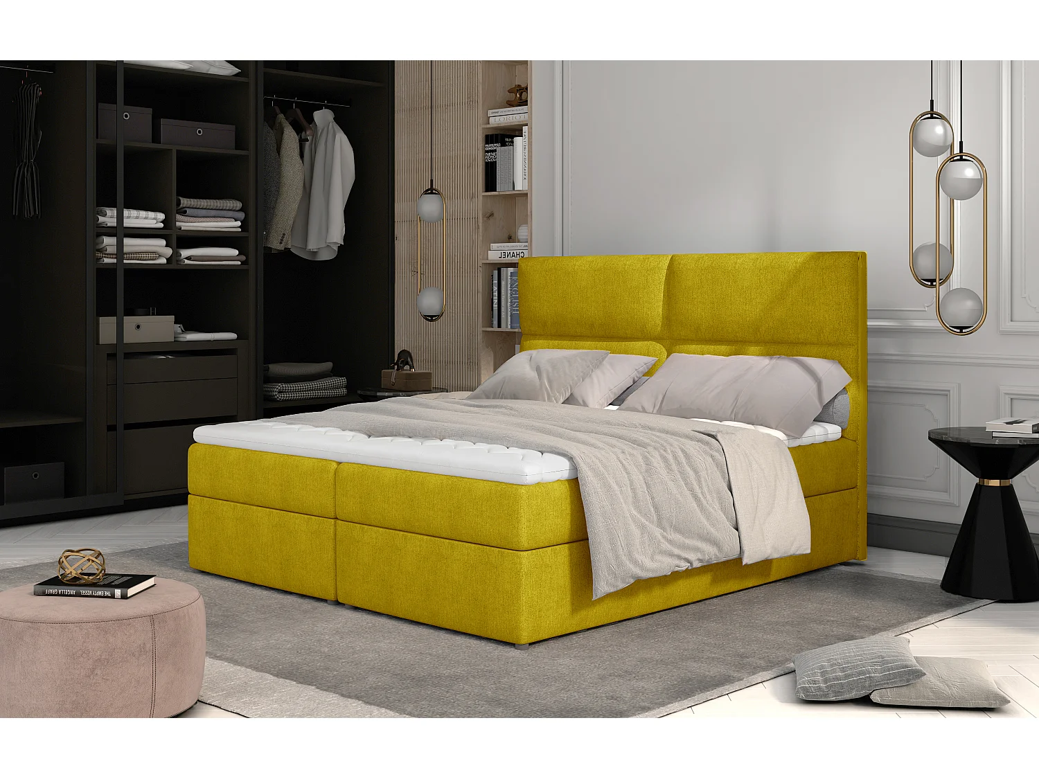 Box Spring Lit Clivia L (180x200)/Tissu-Jaune