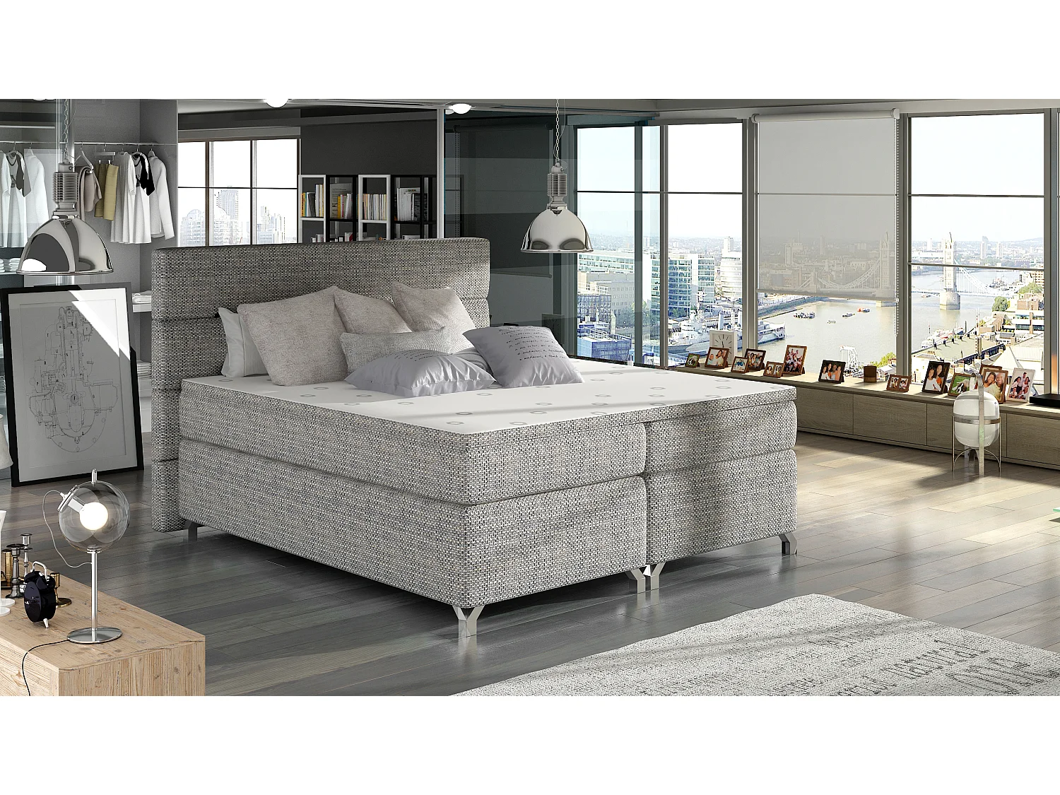 Box Spring Lit Grosso L (180x200)/Tissu-Gris