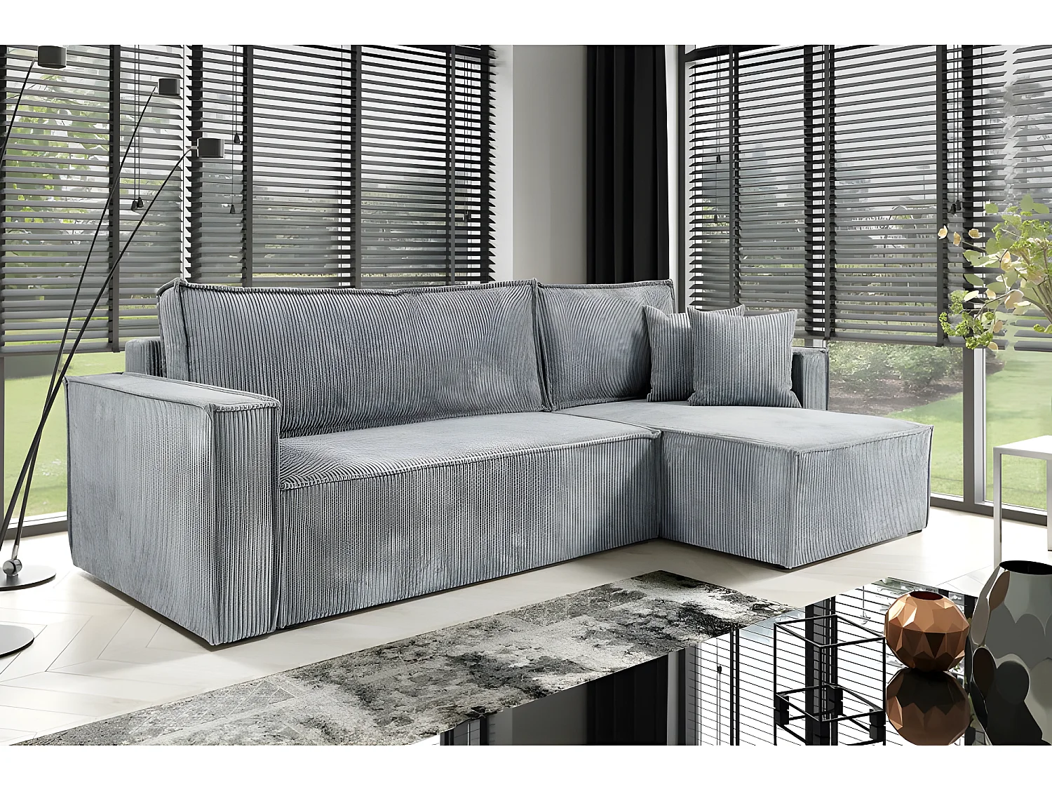 Canapé d'angle convertible NERO en velours côtelé gris clair