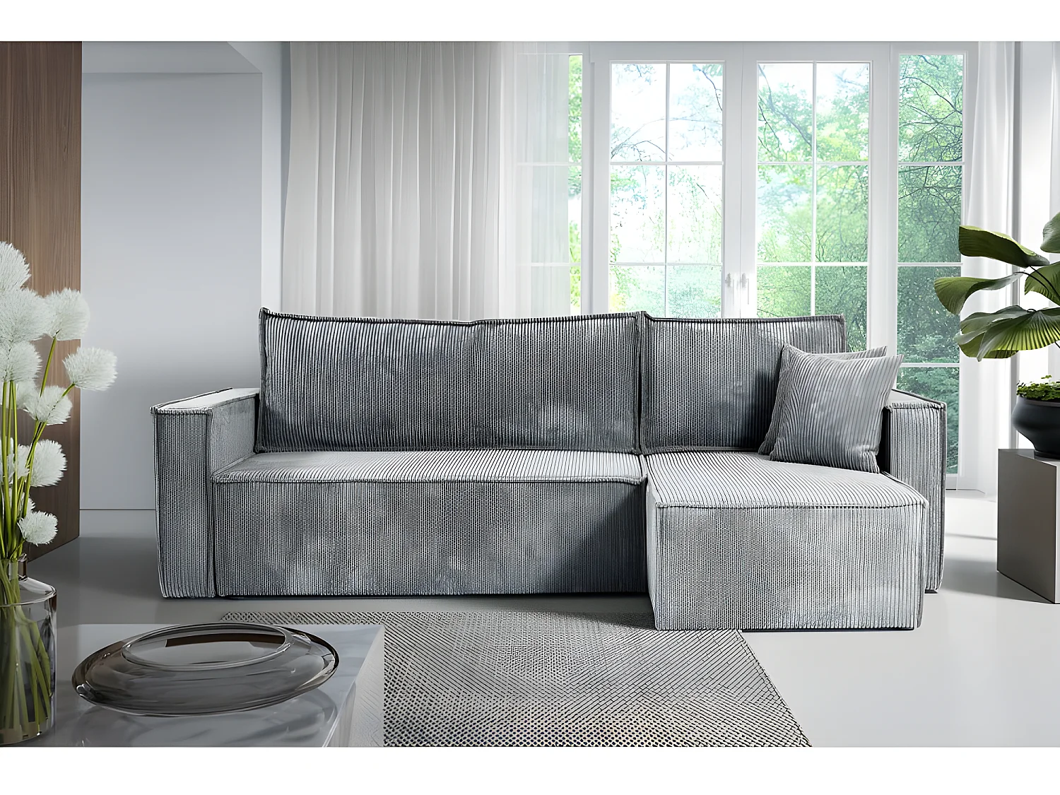 Canapé d'angle convertible NERO en velours côtelé gris clair
