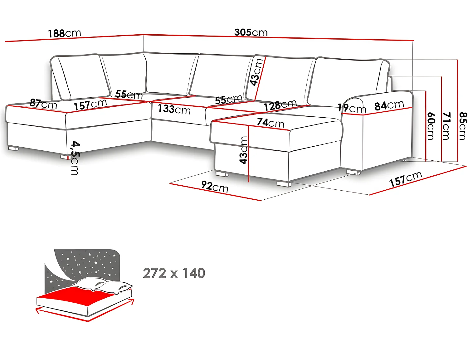Canapé en U convertible WILA angle gauche noir