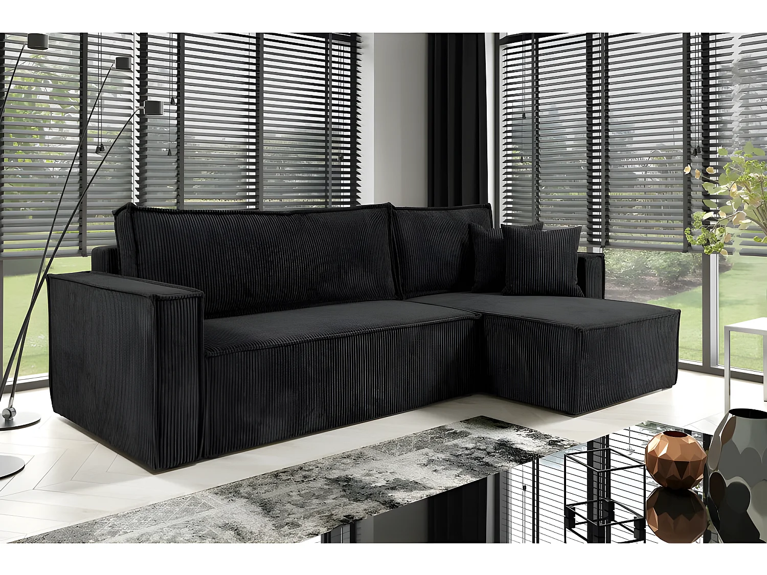Canapé d'angle convertible NERO en velours côtelé noir
