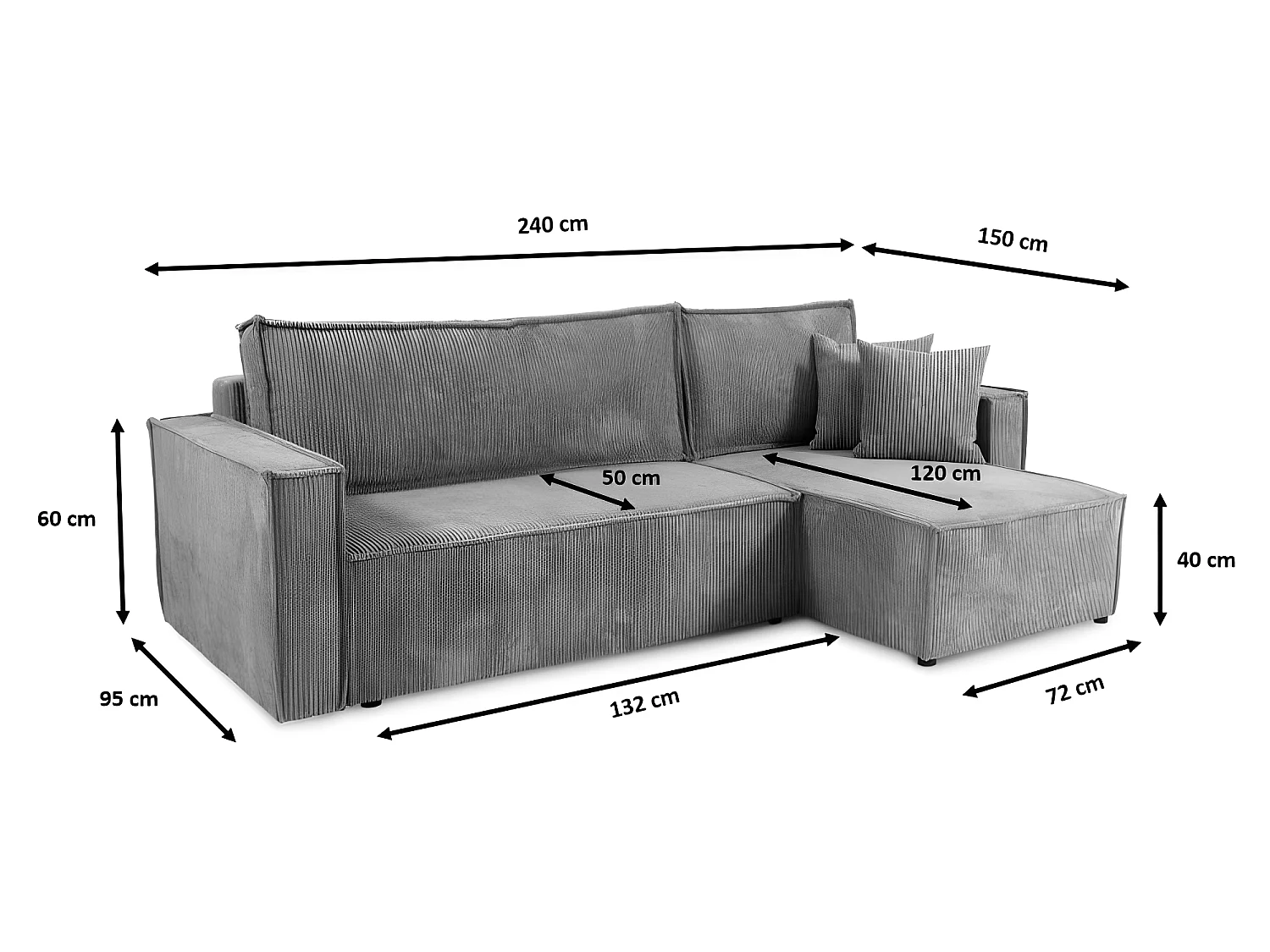 Canapé d'angle convertible NERO en velours côtelé noir