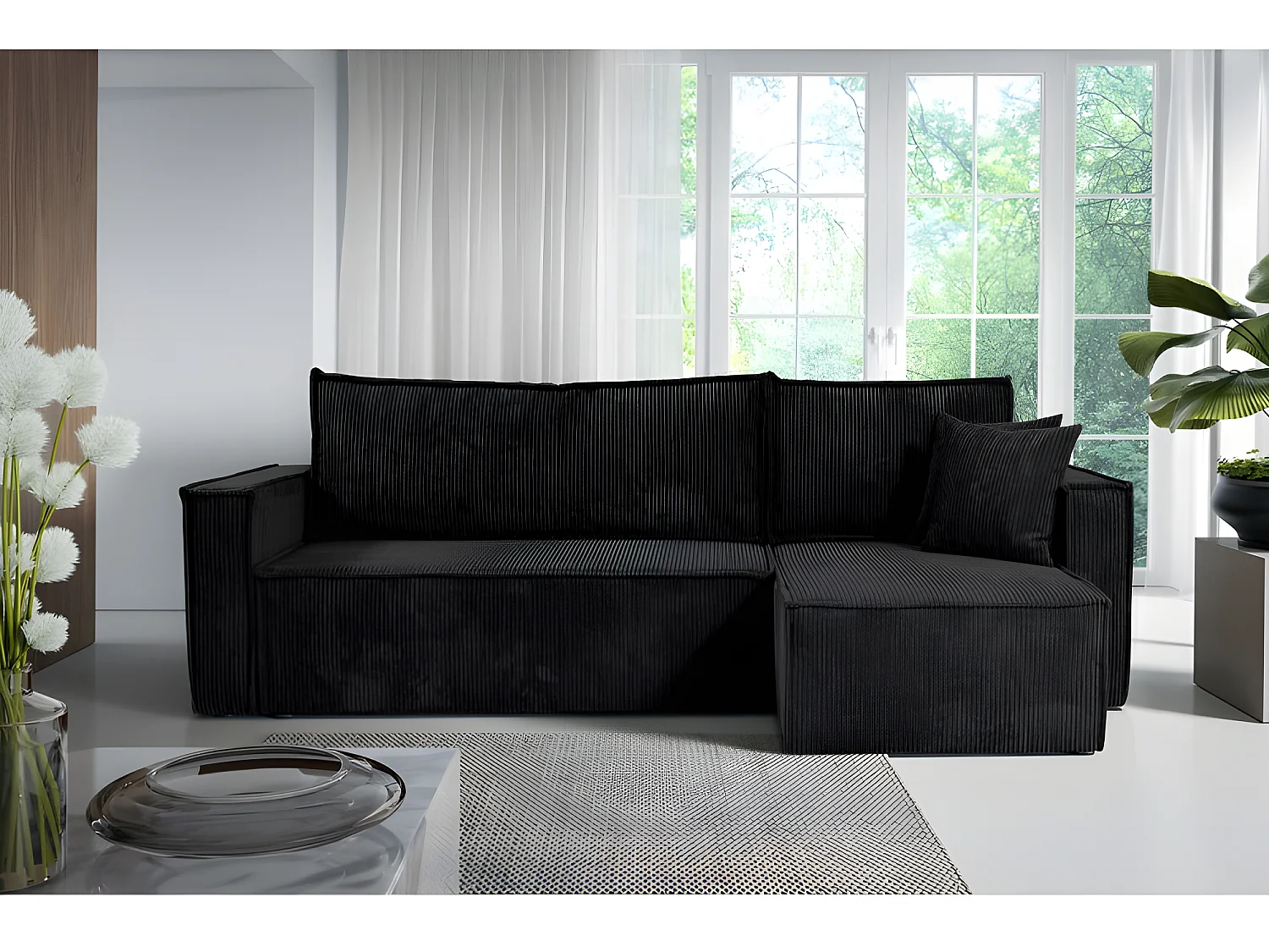 Canapé d&#039;angle convertible NERO en velours côtelé noir