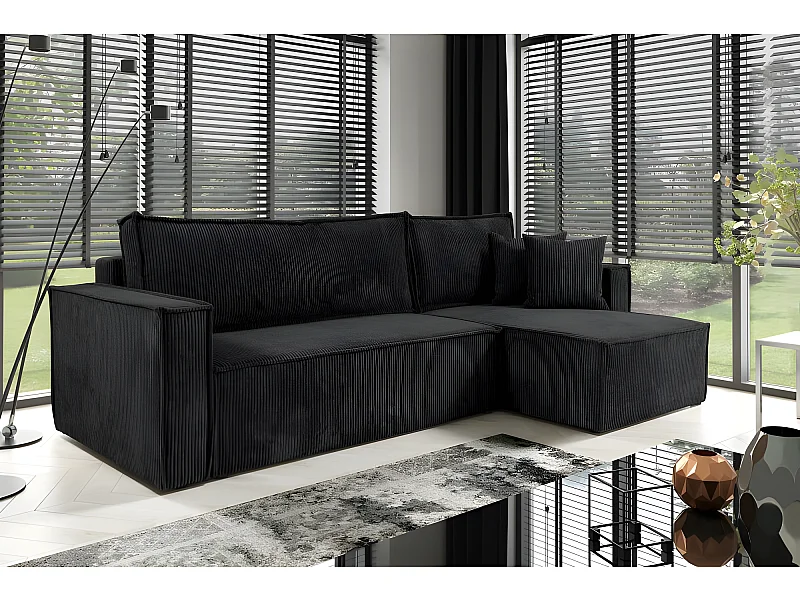 Canapé d'angle convertible NERO en velours côtelé noir