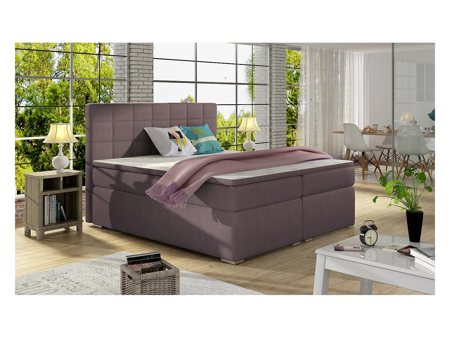 Box Spring Lit Marie M (160x200)/Tissu-Rose