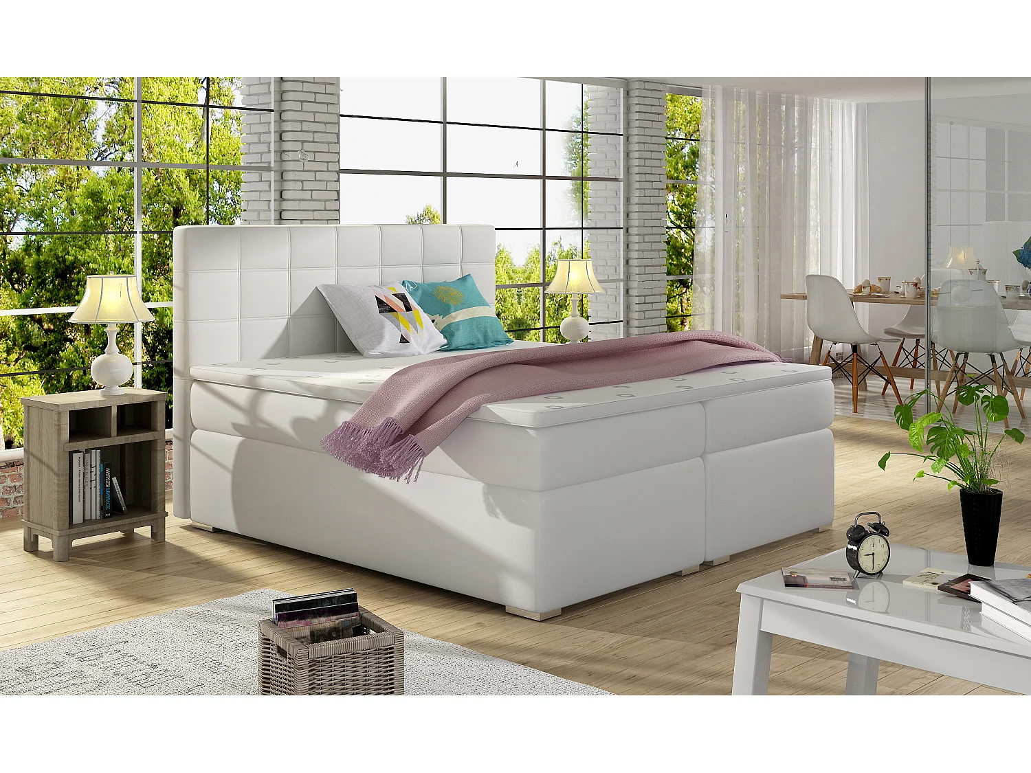 Box Spring Letto Marie S (140x200)/Tessuto-Bianco