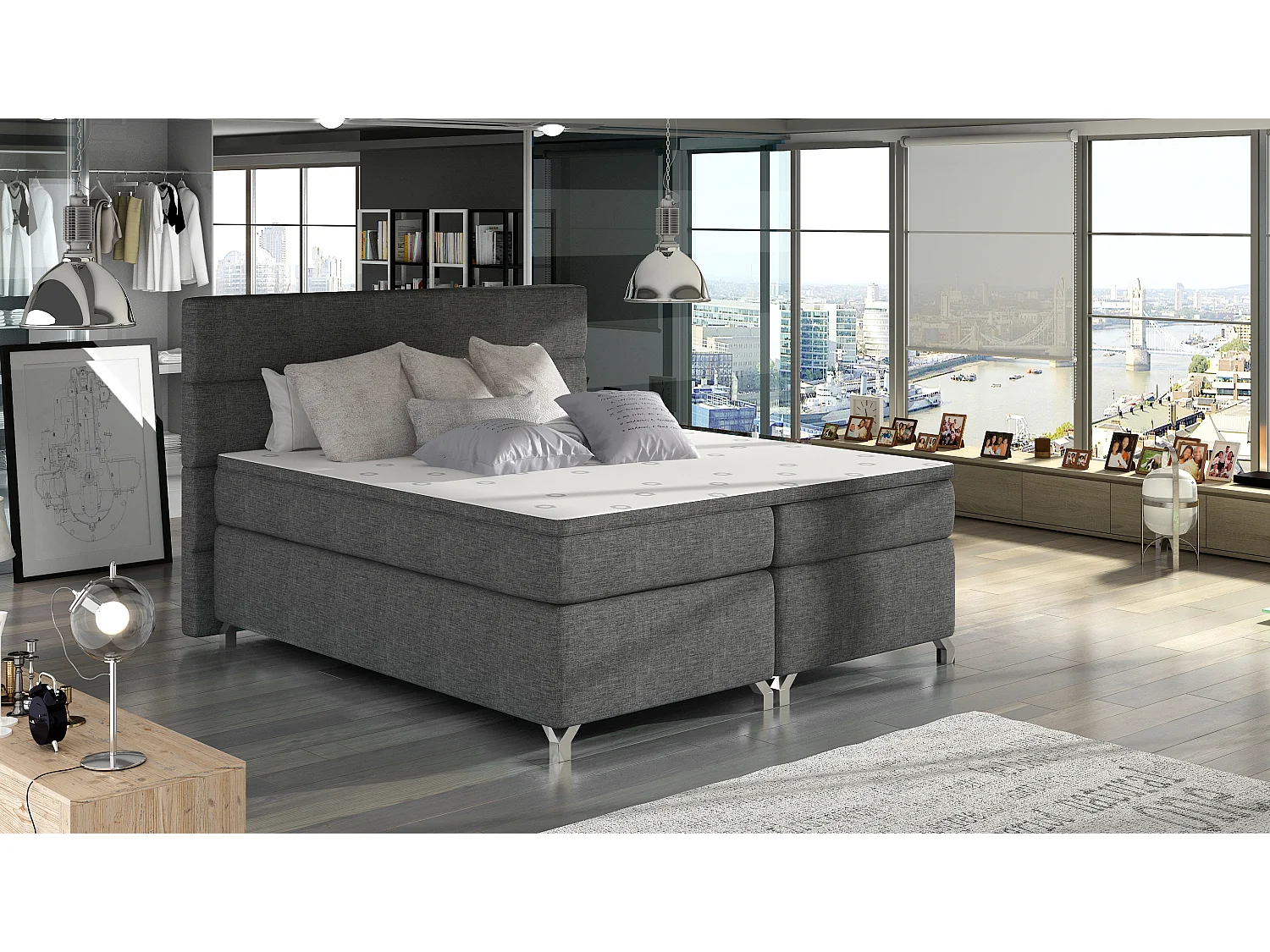 Box Spring Letto Grosso M (160x200)/Tessuto-Grigio