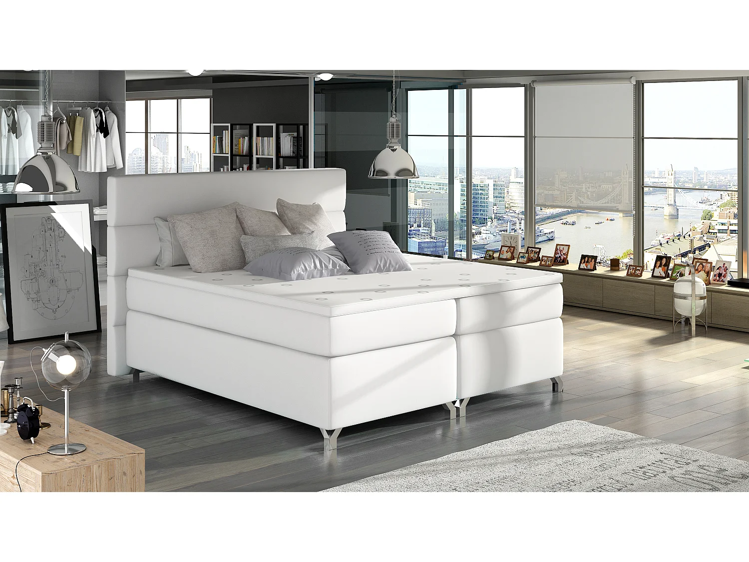 Box Spring Lit Grosso M (160x200)/Tissu-Blanc