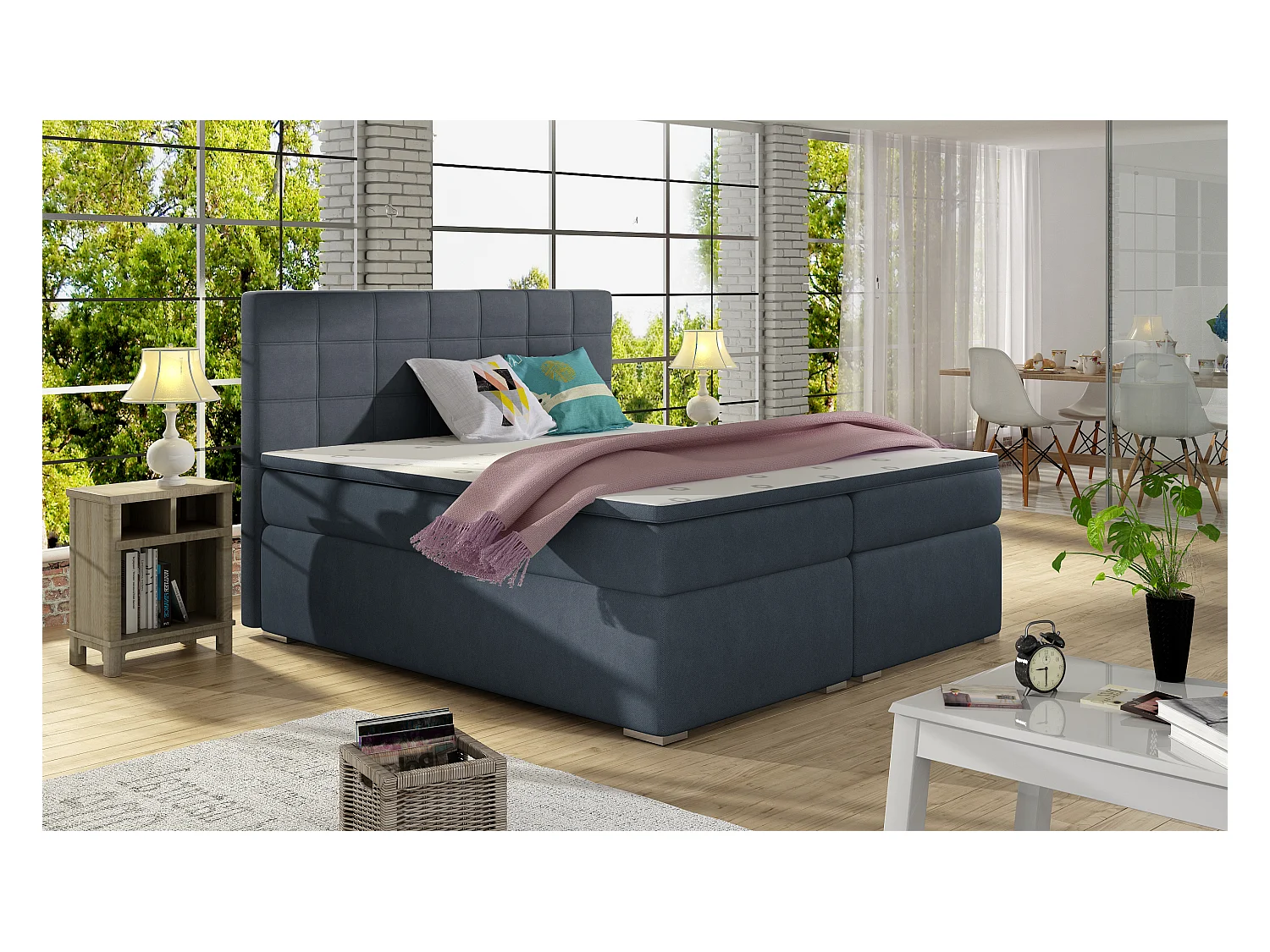 Box Spring Lit Marie M (160x200)/Tissu-Bleu
