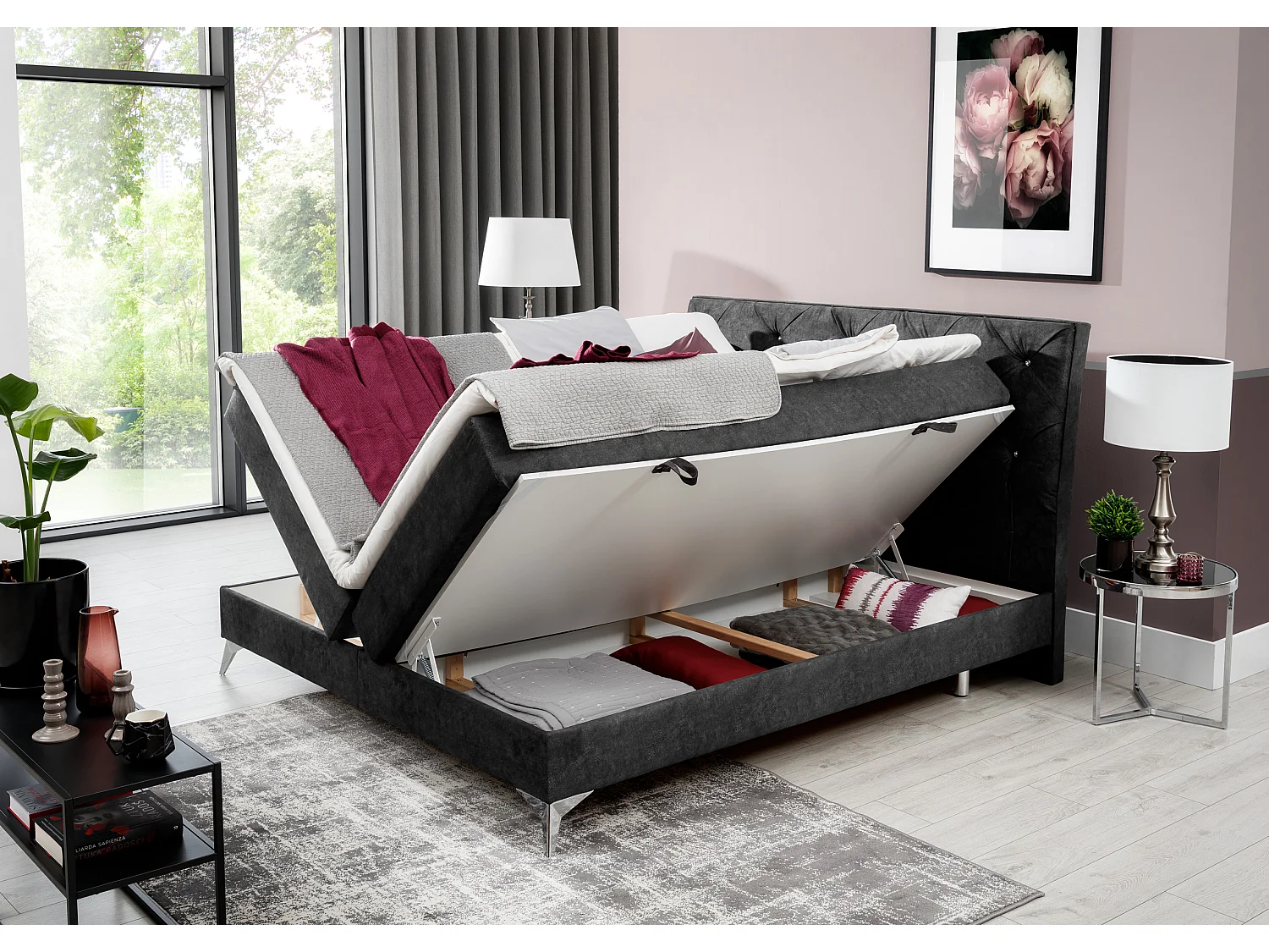 Box Spring Lit Locarno M (160x200)/Tissu-Rose