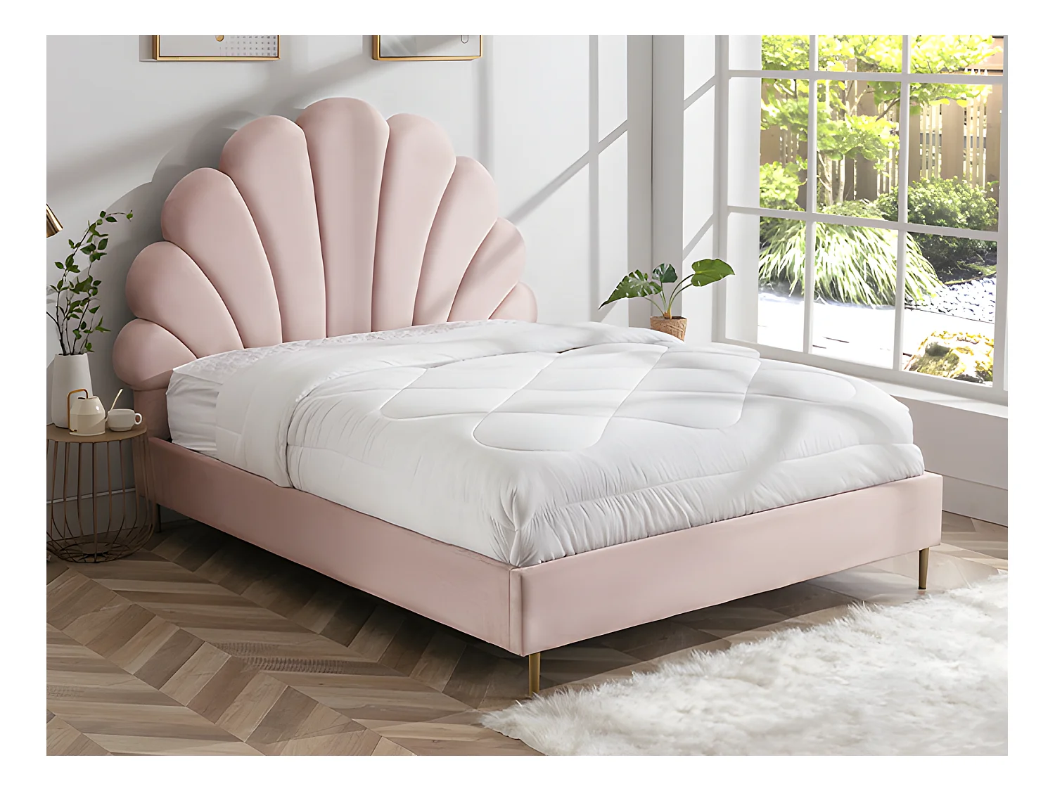 Lit coquillage 140 x 190 cm - Velours - Rose + Matelas - LIVAYA