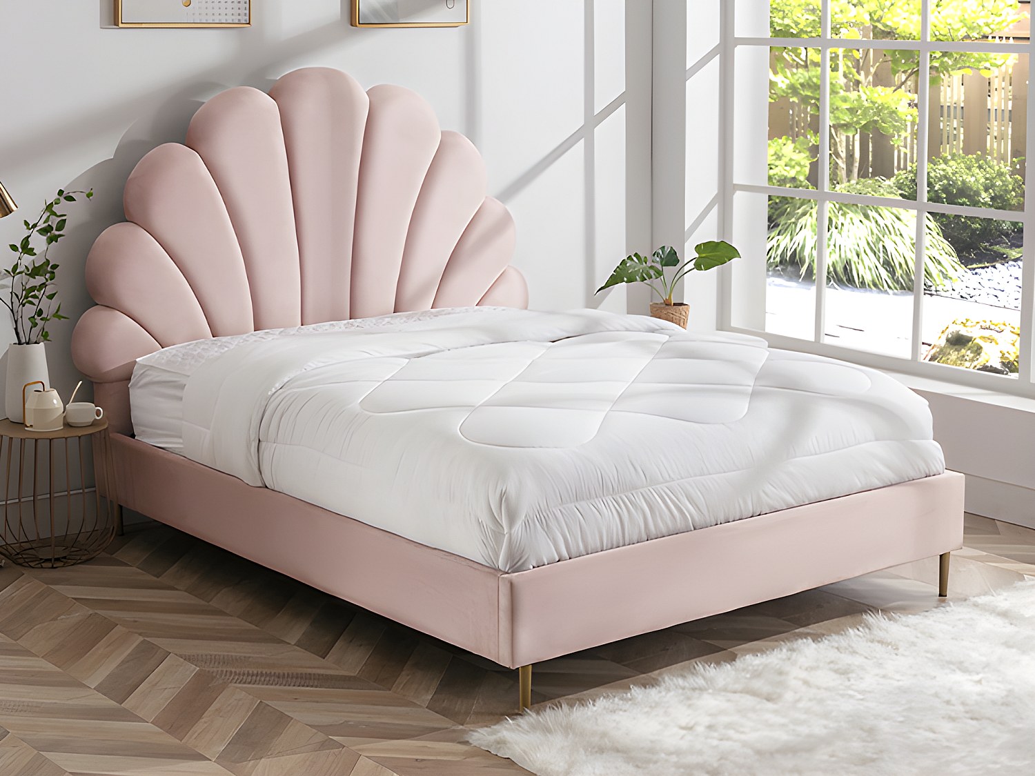 Vente-unique Bett Mit Kopfteil In Muschelform + Matratze - 140 X 190 Cm - Samt - Rosa - Livaya
