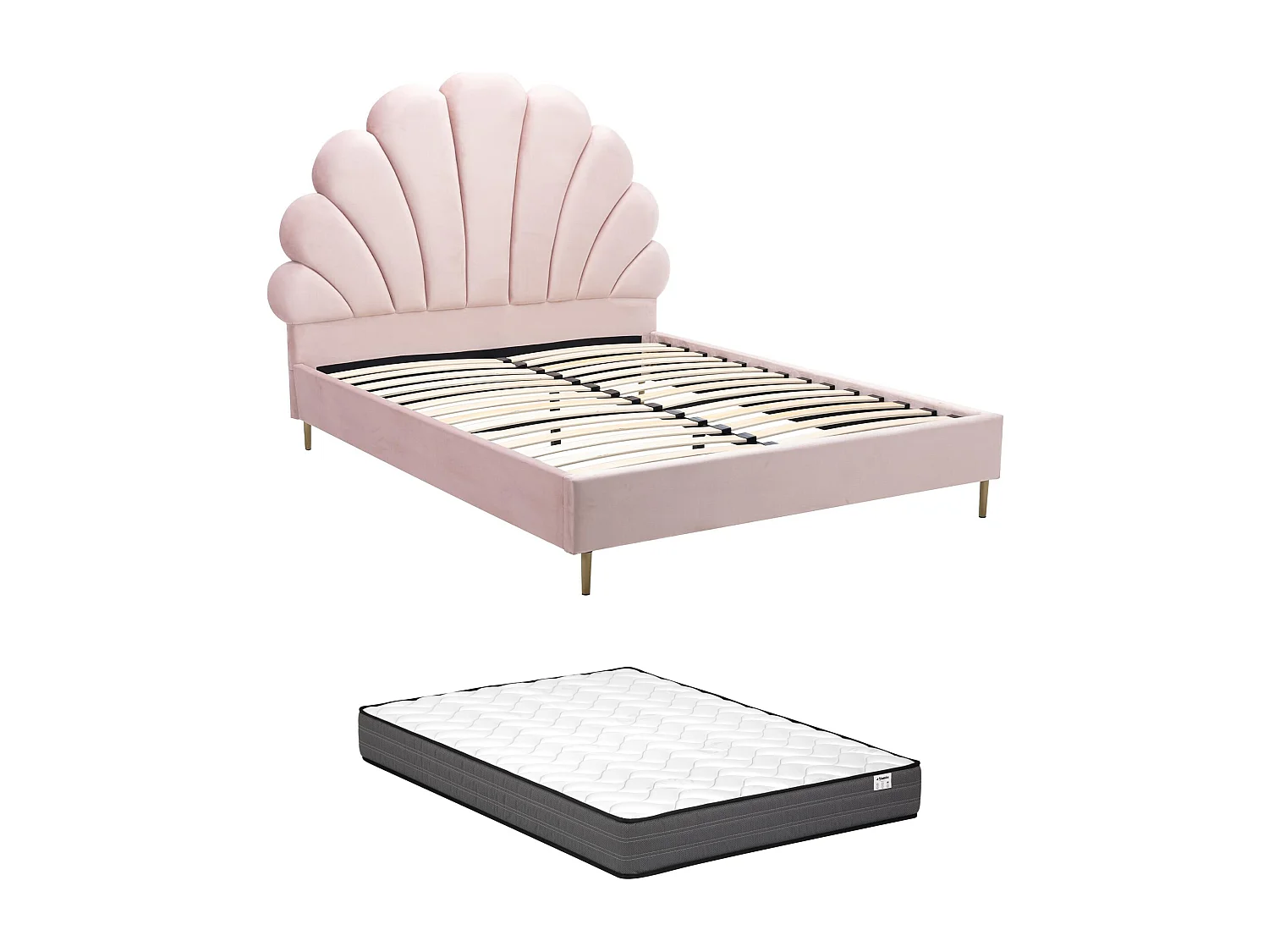 Lit coquillage 140 x 190 cm - Velours - Rose + Matelas - LIVAYA