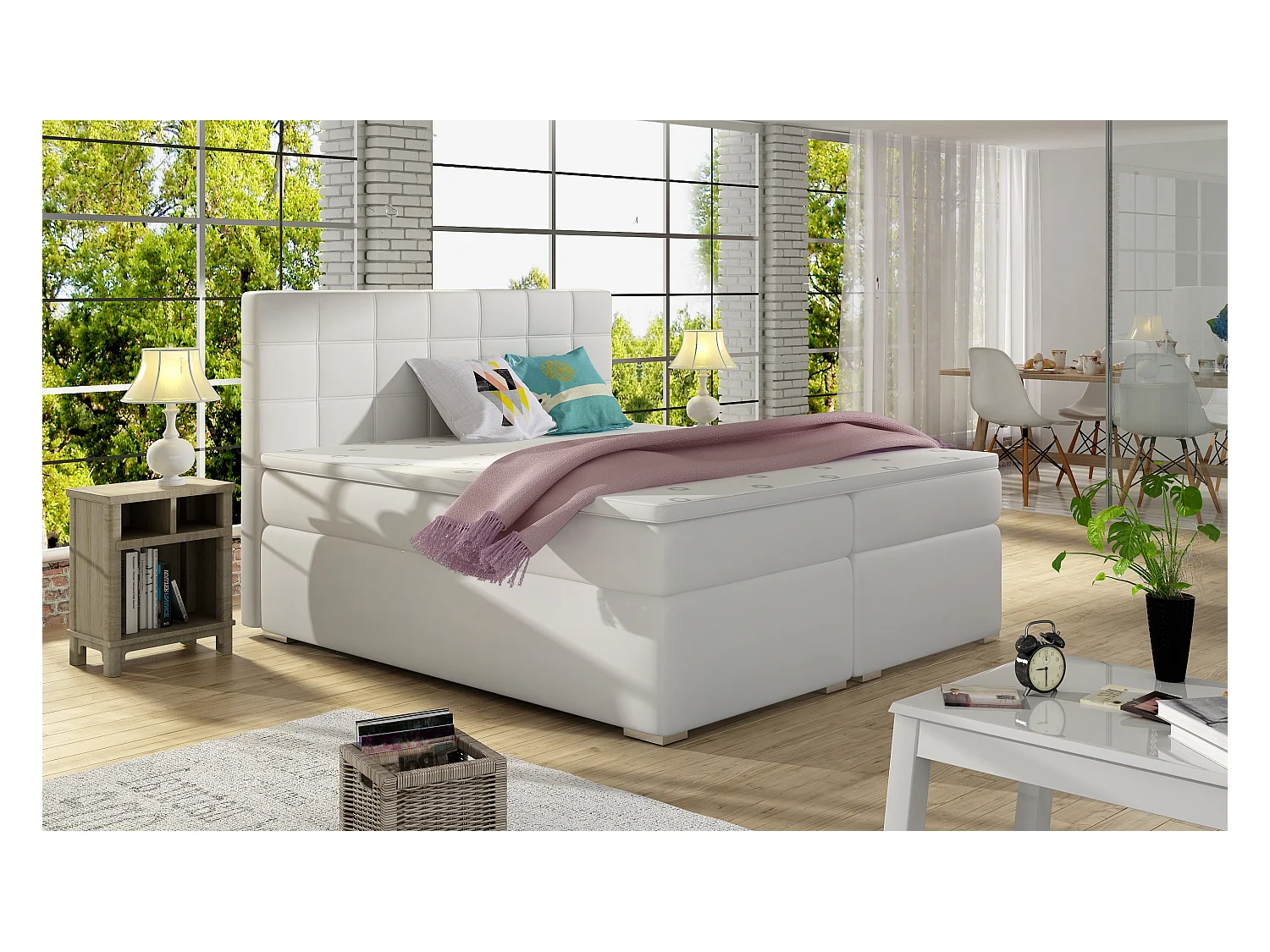 Box Spring Letto Marie L (180x200)/Tessuto-Bianco