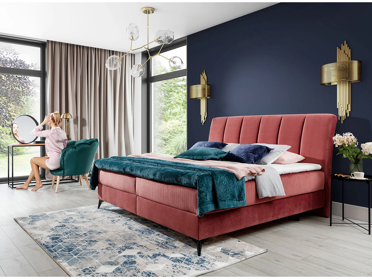 Box Spring Letto Levante S (140x200)/Tessuto-Rosa