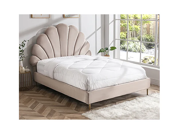 Lit coquillage 140 x 190 cm - Velours - Beige + Matelas - LIVAYA