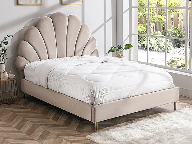 Bett mit Kopfteil in Muschelform + Matratze - 140 x 190 cm - Samt - Beige - LIVAYA