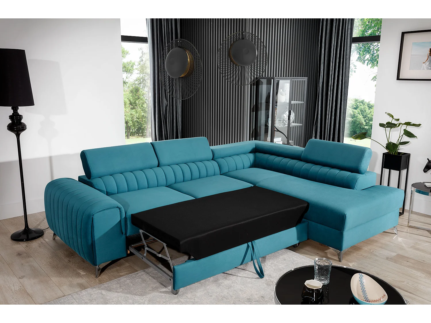 Divano angolare Genova R/rivestimento in tessuto/nero