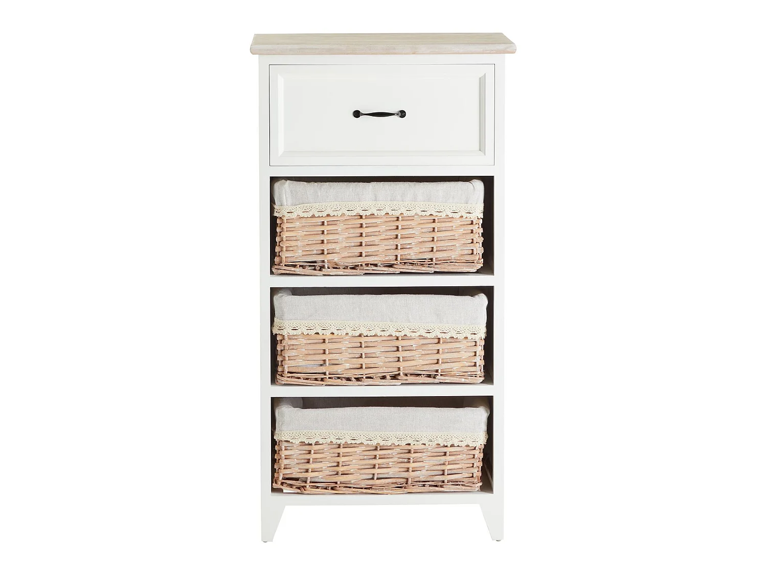 Commode PROVENCE rangement 1 tiroir et 3 paniers étagère en bois de paulownia style shabby chic vintage rustique campagnard blanc