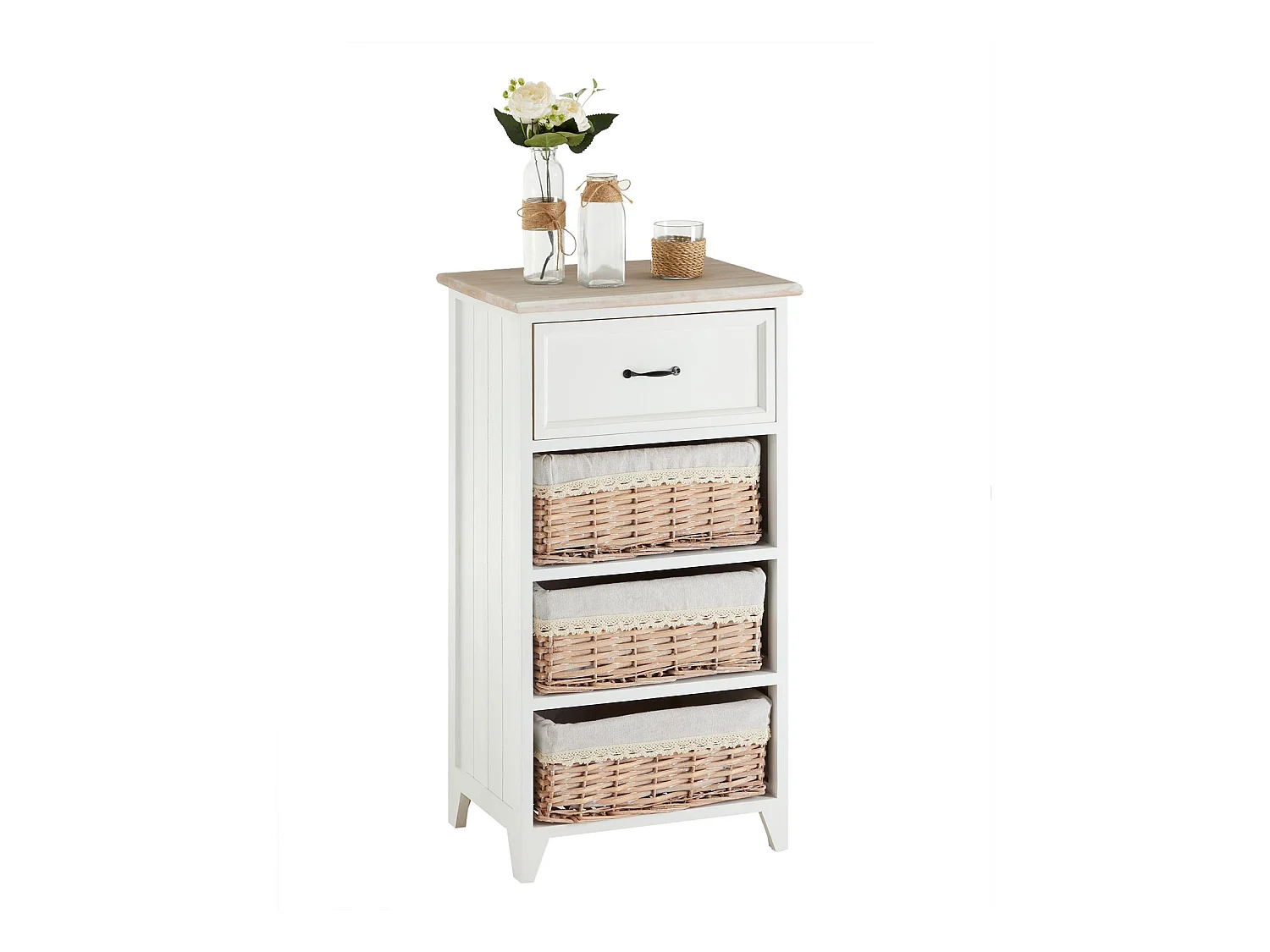 Commode PROVENCE rangement 1 tiroir et 3 paniers étagère en bois de paulownia style shabby chic vintage rustique campagnard blanc
